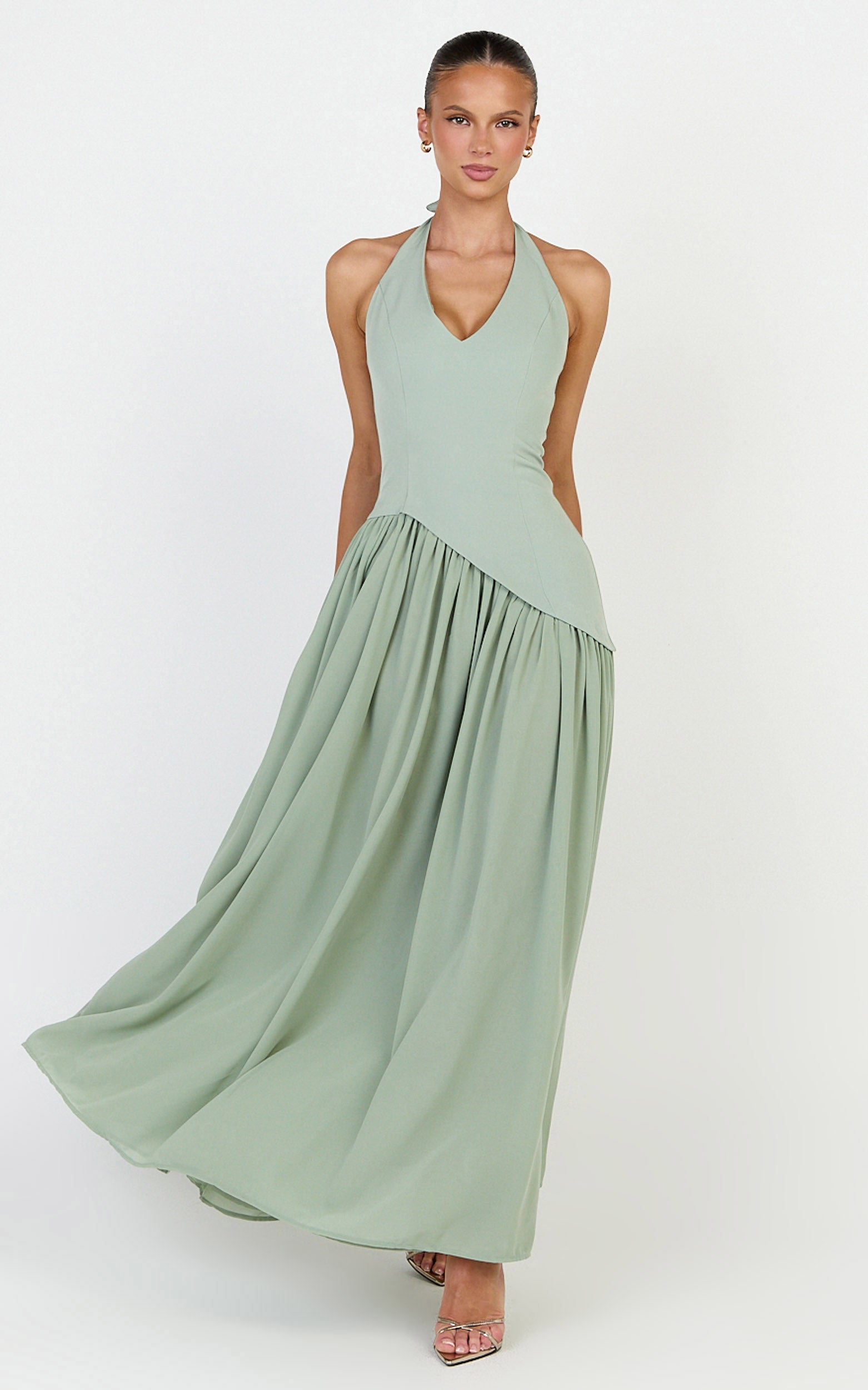 Calla Maxi Dress - Halter Neck Asymmetric Dropped Waist Dress in Sage - View 1