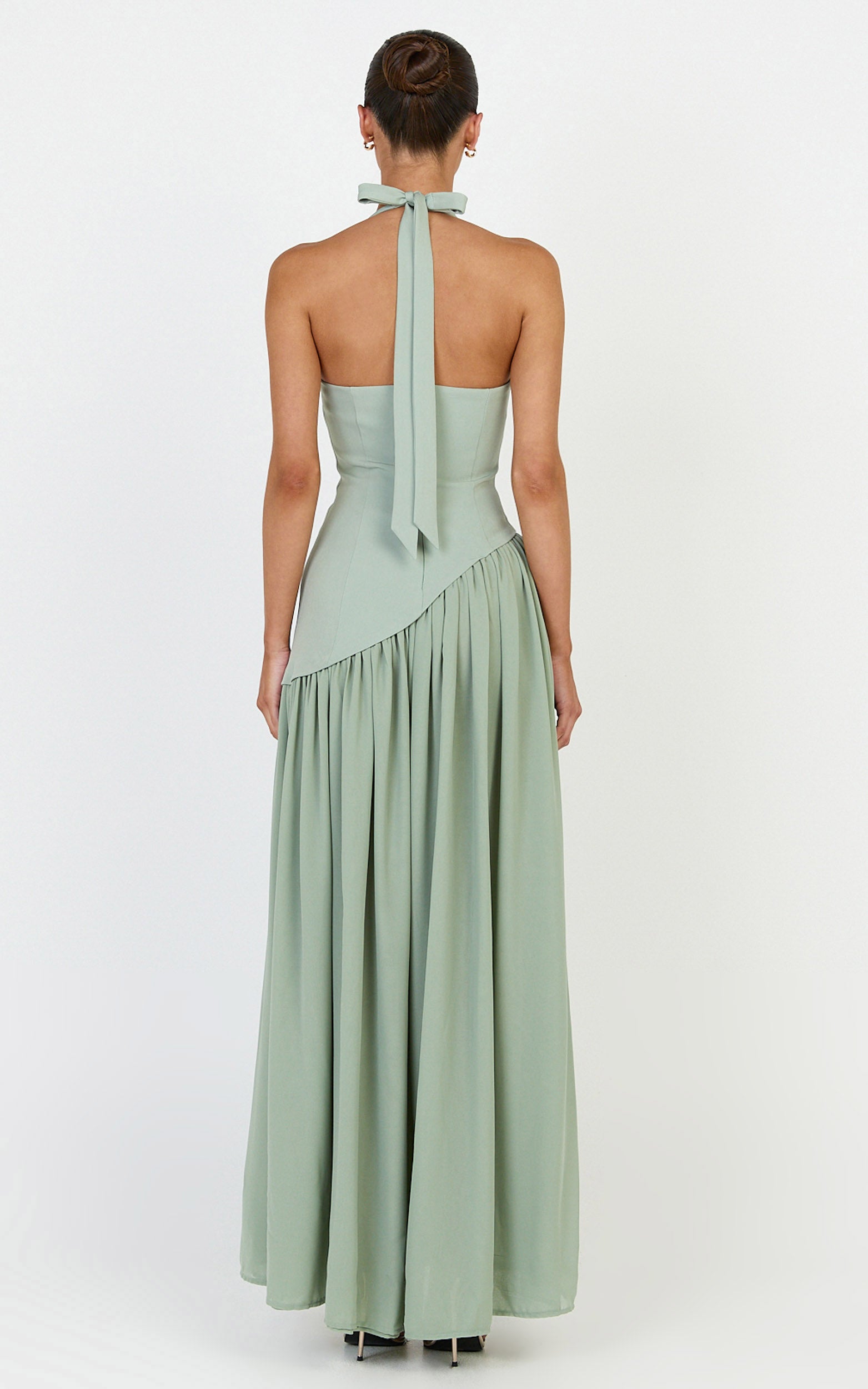 Calla Maxi Dress - Halter Neck Asymmetric Dropped Waist Dress in Sage - View 6