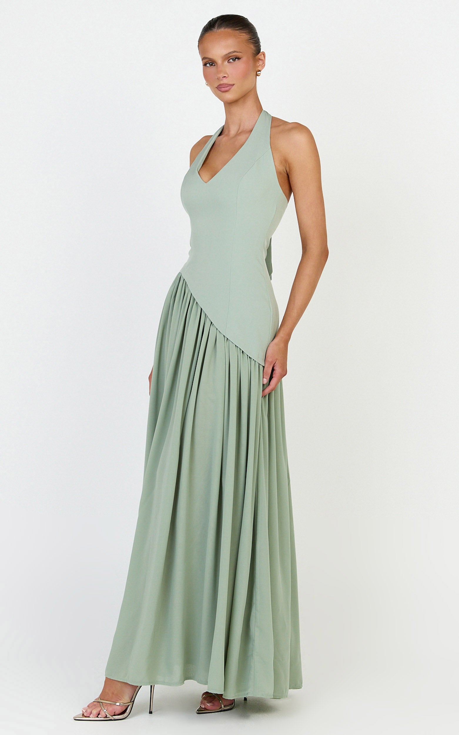 Calla Maxi Dress - Halter Neck Asymmetric Dropped Waist Dress in Sage - View 4