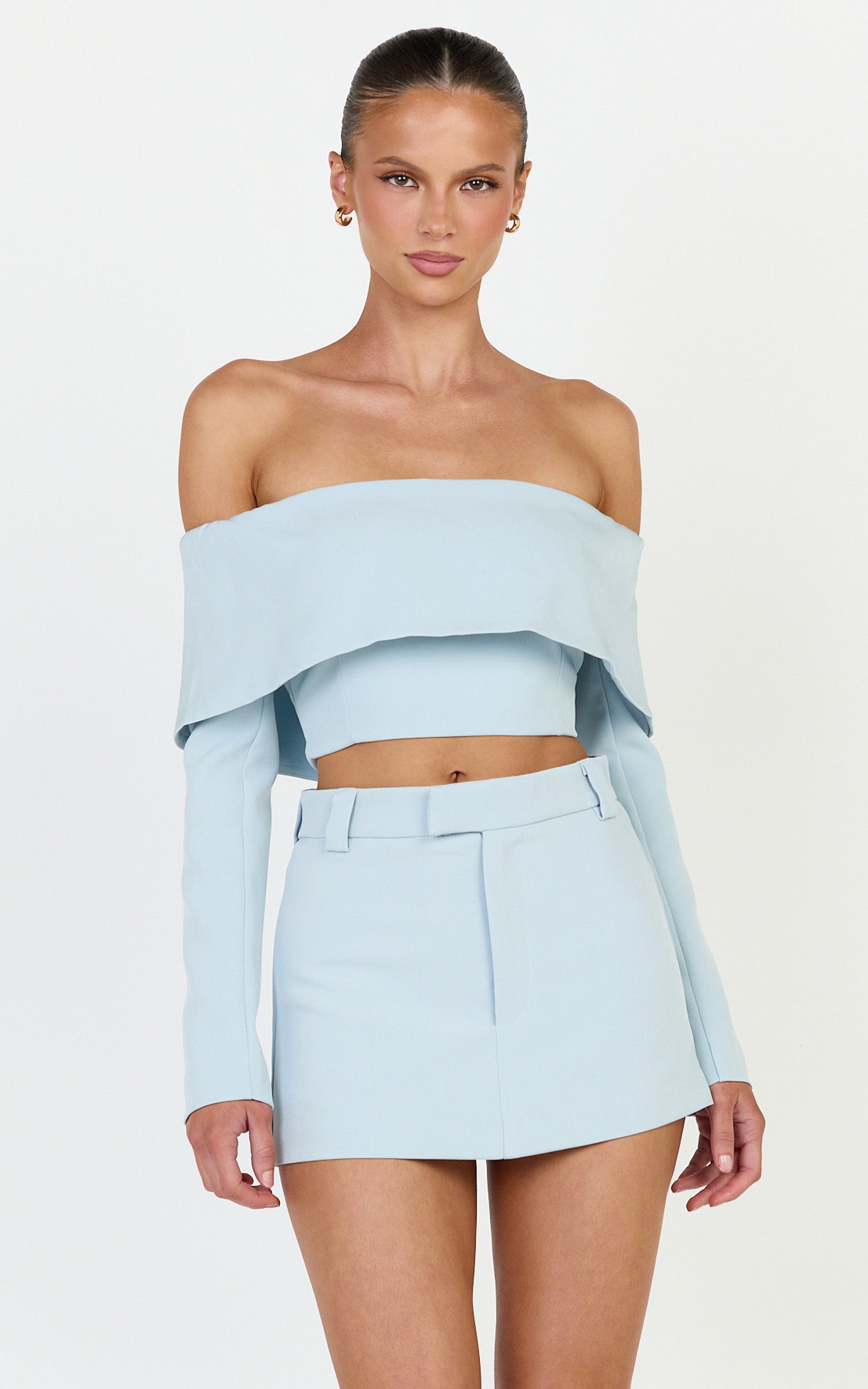 Ursula Top - Long Sleeve Off Shoulder Cropped Top in Baby Blue - View 2