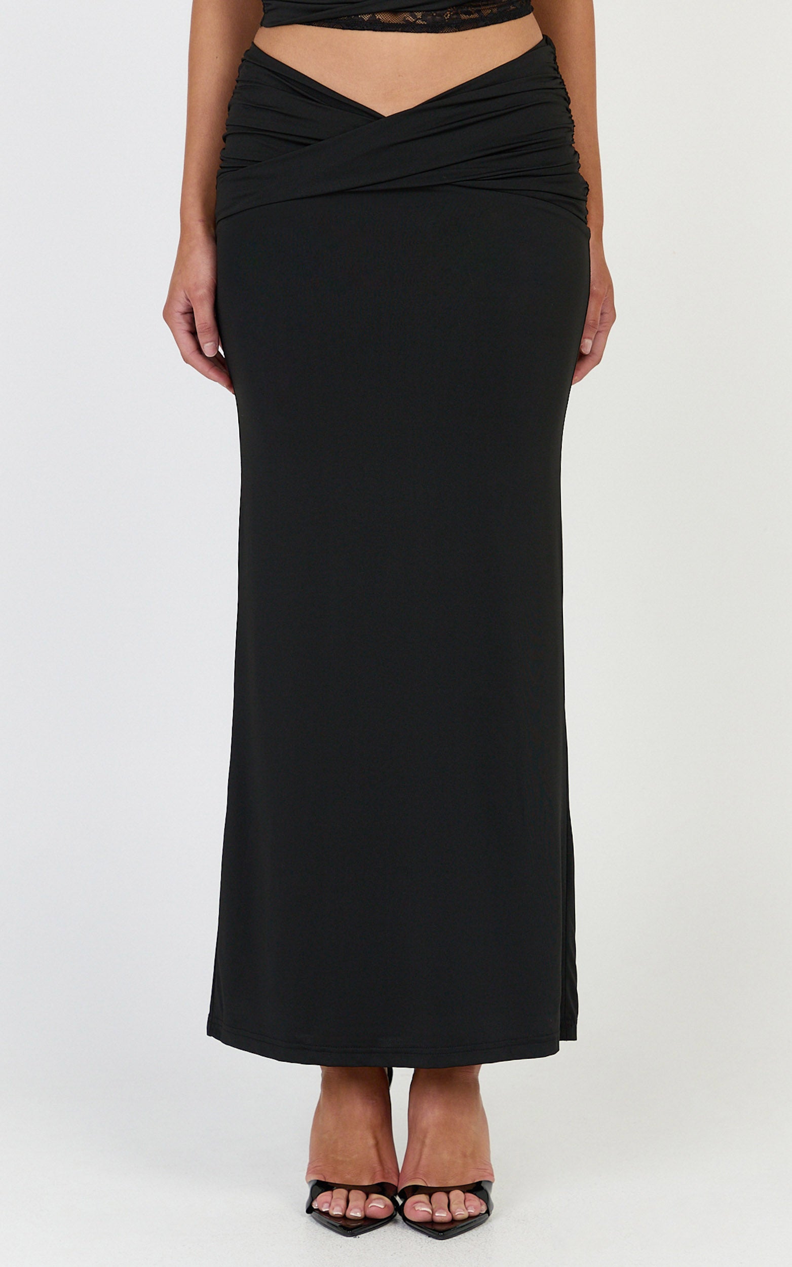 Sienne Maxi Skirt - Front Twist Overlay Skirt in Black - View 2