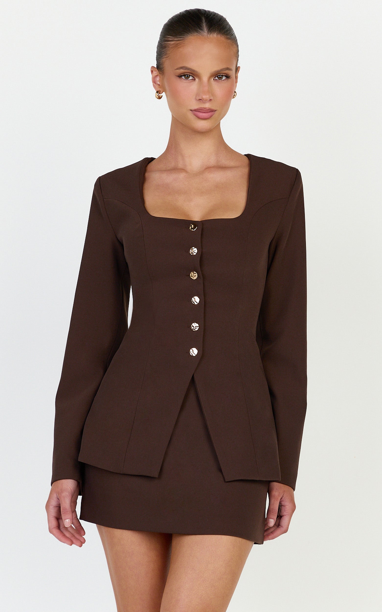 Rae Two Piece Set - Long Sleeve Button Down Tailored Top and Mini Skirt Set in Chocolate - View 2