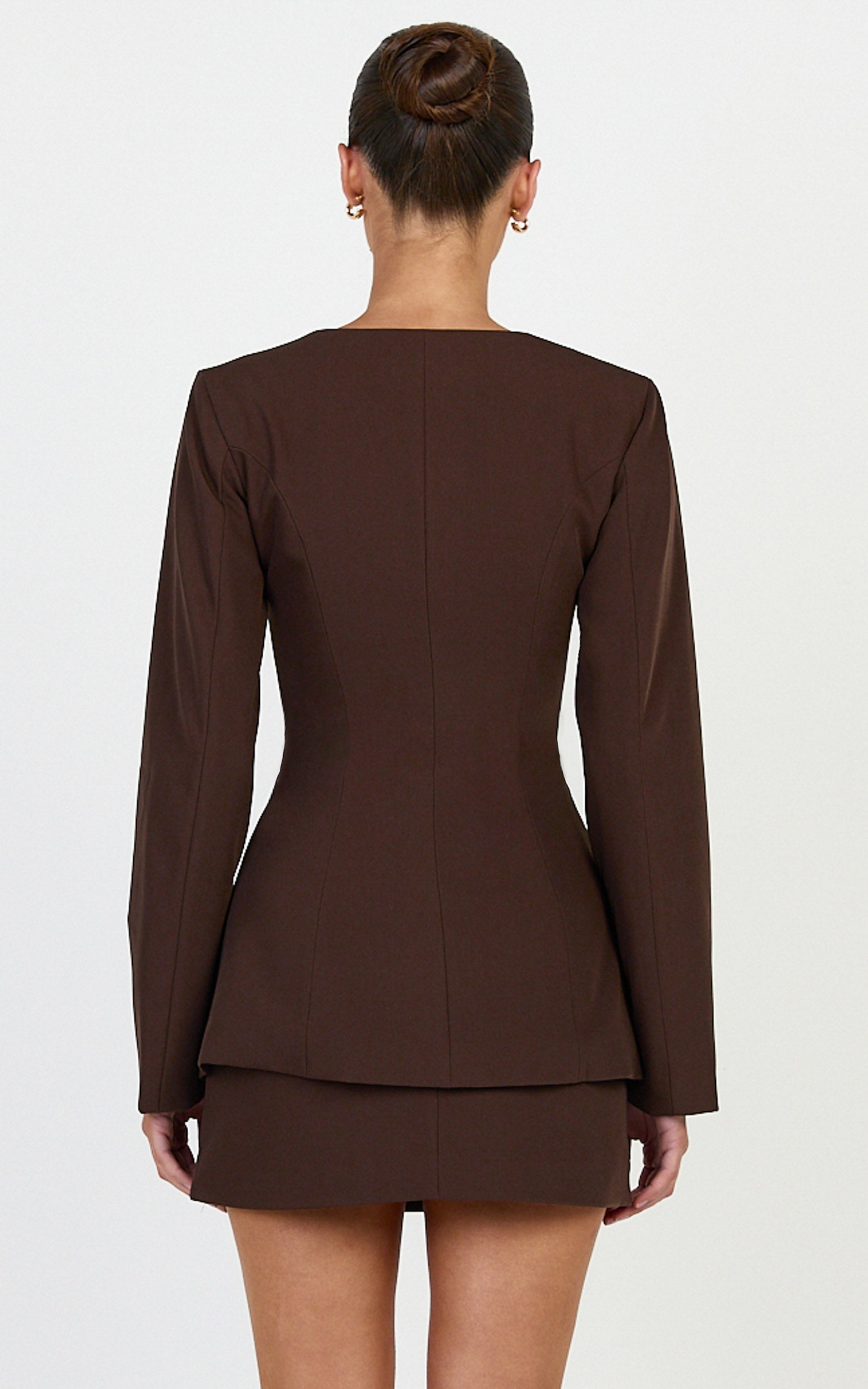 Rae Two Piece Set - Long Sleeve Button Down Tailored Top and Mini Skirt Set in Chocolate - View 5