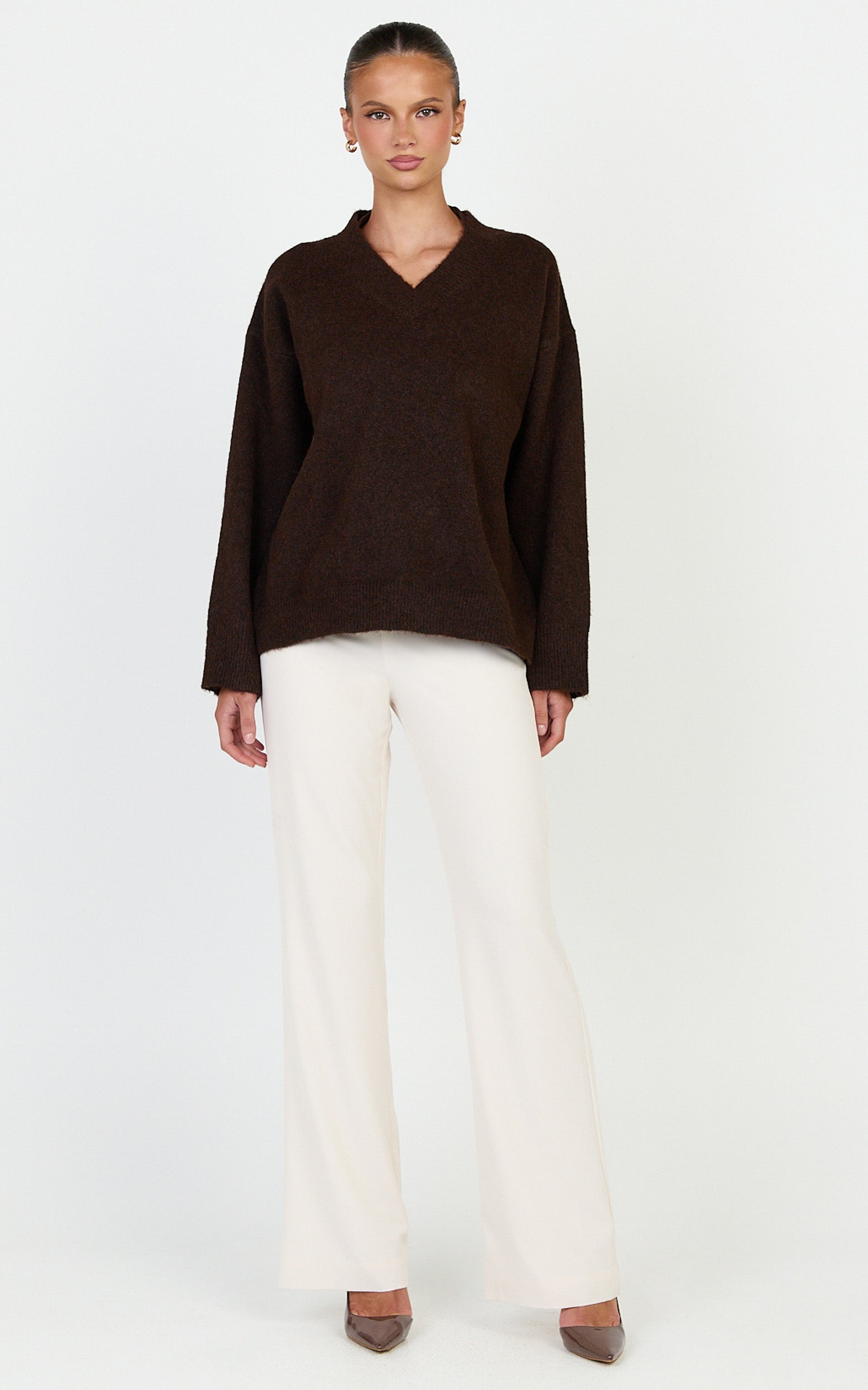 Clementine Jumper - V Neck Knit Jumper in Chocolate - View 3