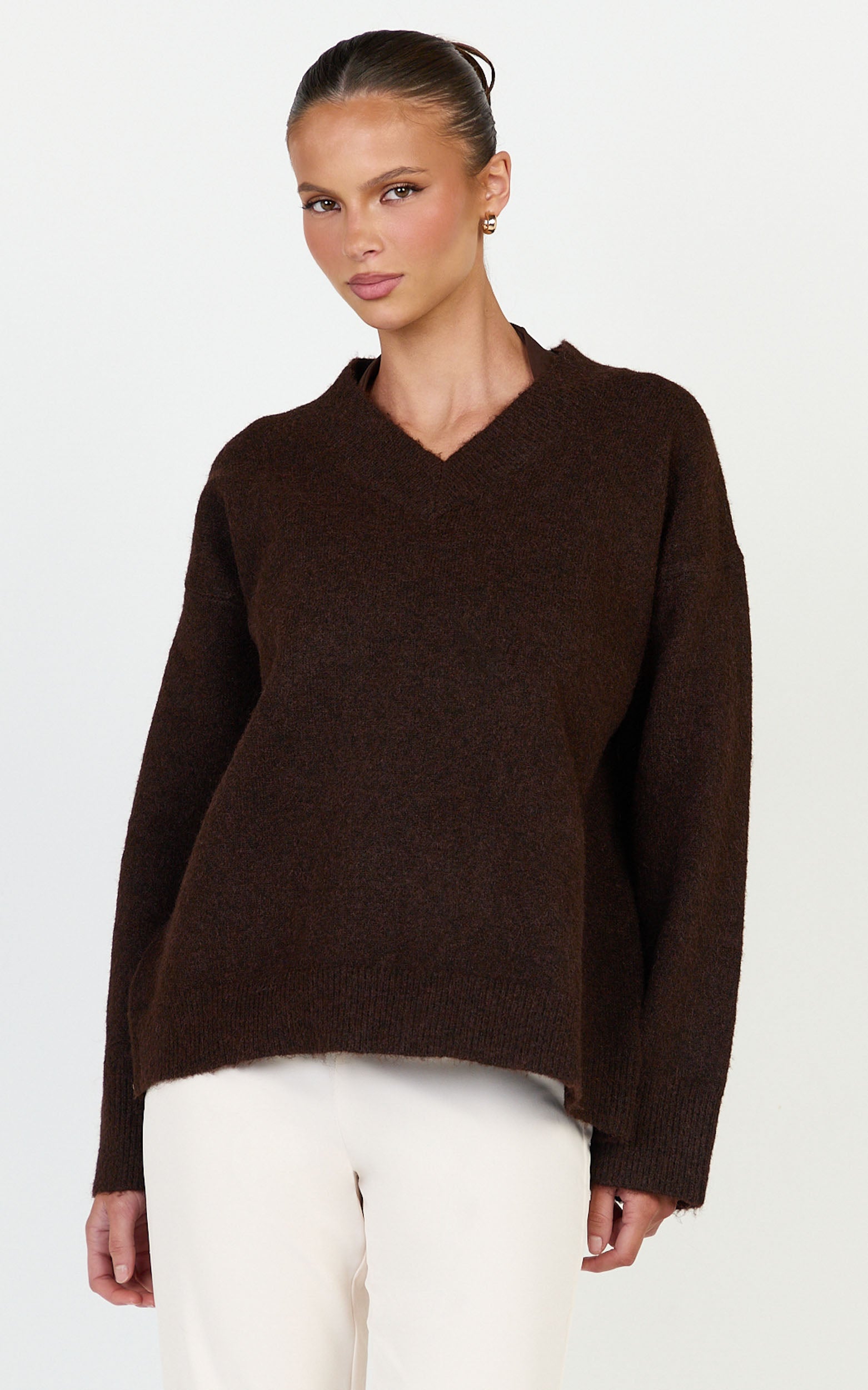 Clementine Jumper - V Neck Knit Jumper in Chocolate - View 2