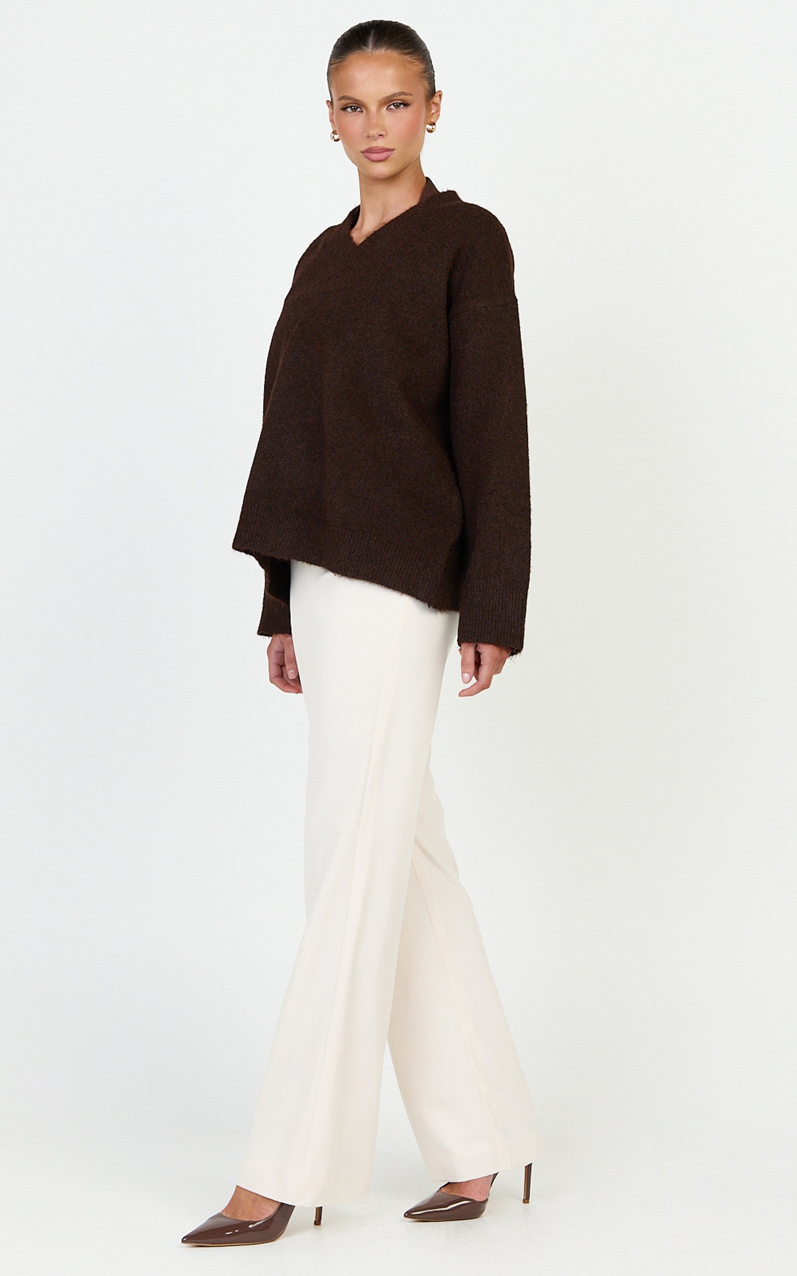 Clementine Jumper - V Neck Knit Jumper in Chocolate - View 4