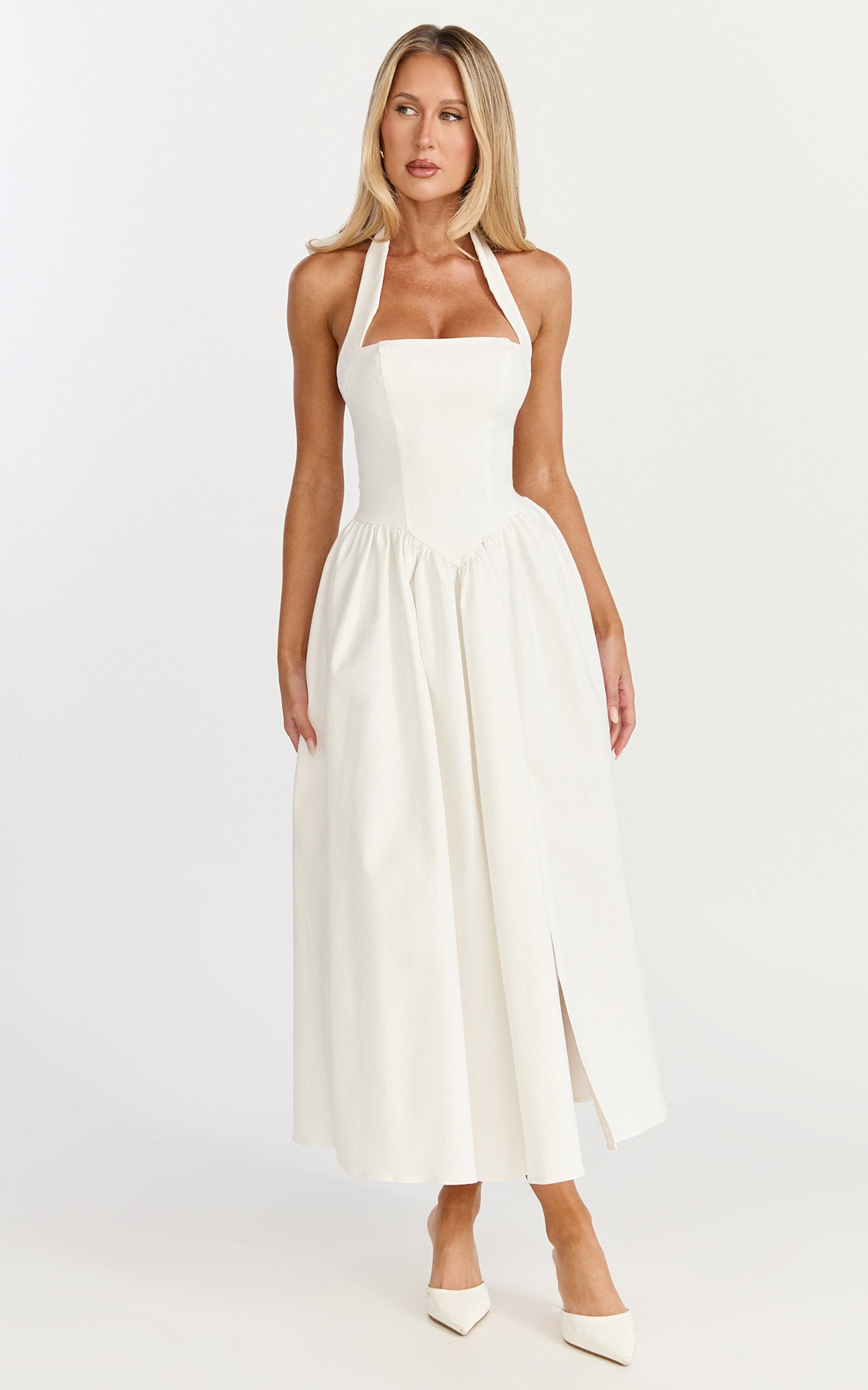 Helda Midi Dress - Halter Tie Neck Corset Panel Dress in Off White - View 8