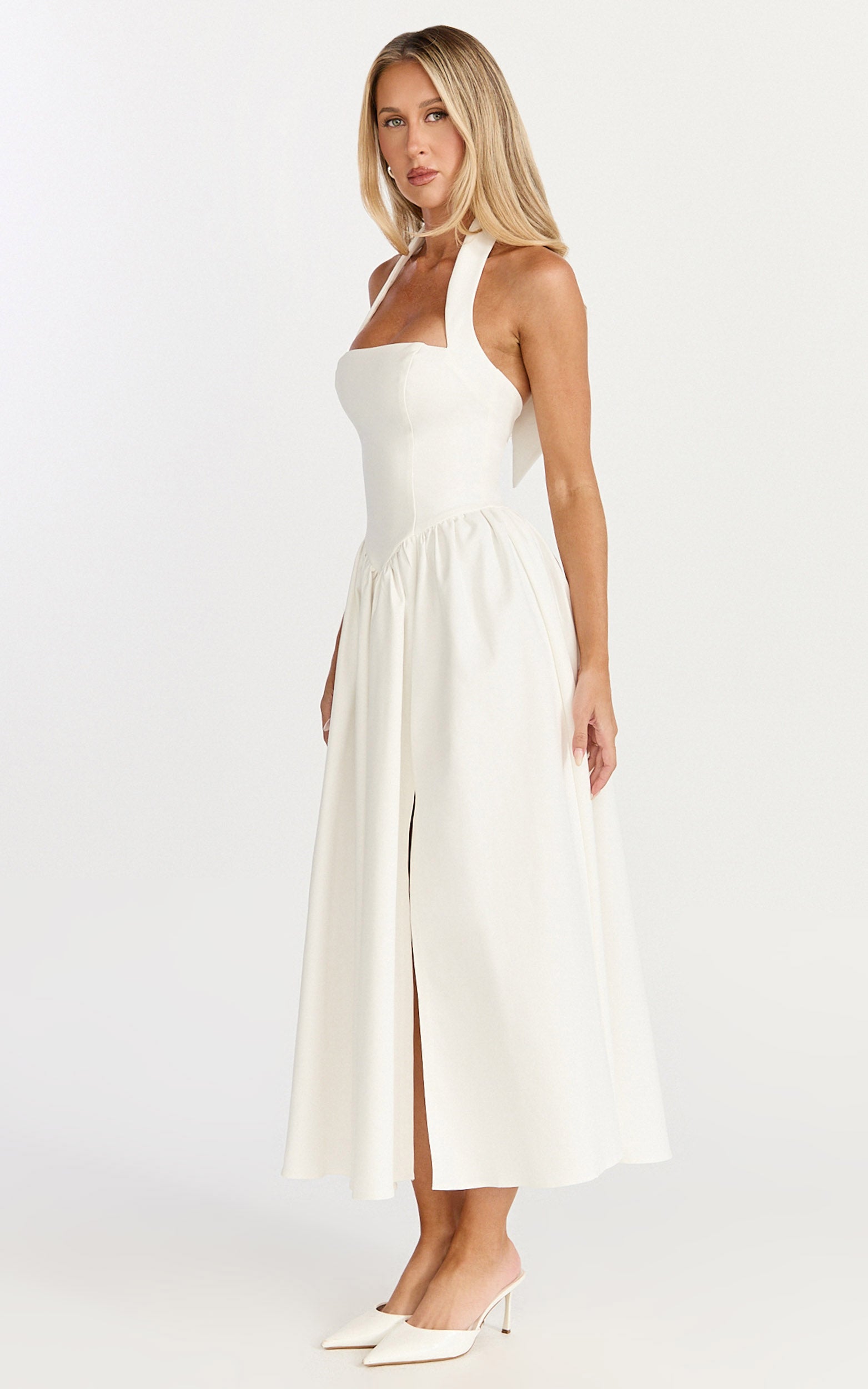 Helda Midi Dress - Halter Tie Neck Corset Panel Dress in Off White - View 5