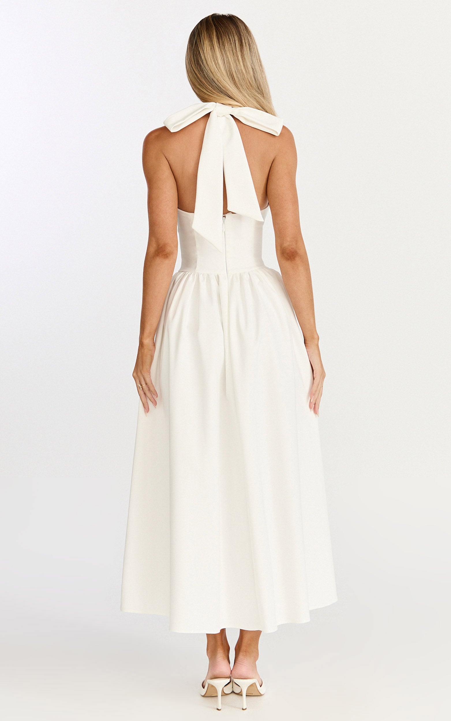 Helda Midi Dress - Halter Tie Neck Corset Panel Dress in Off White - View 9