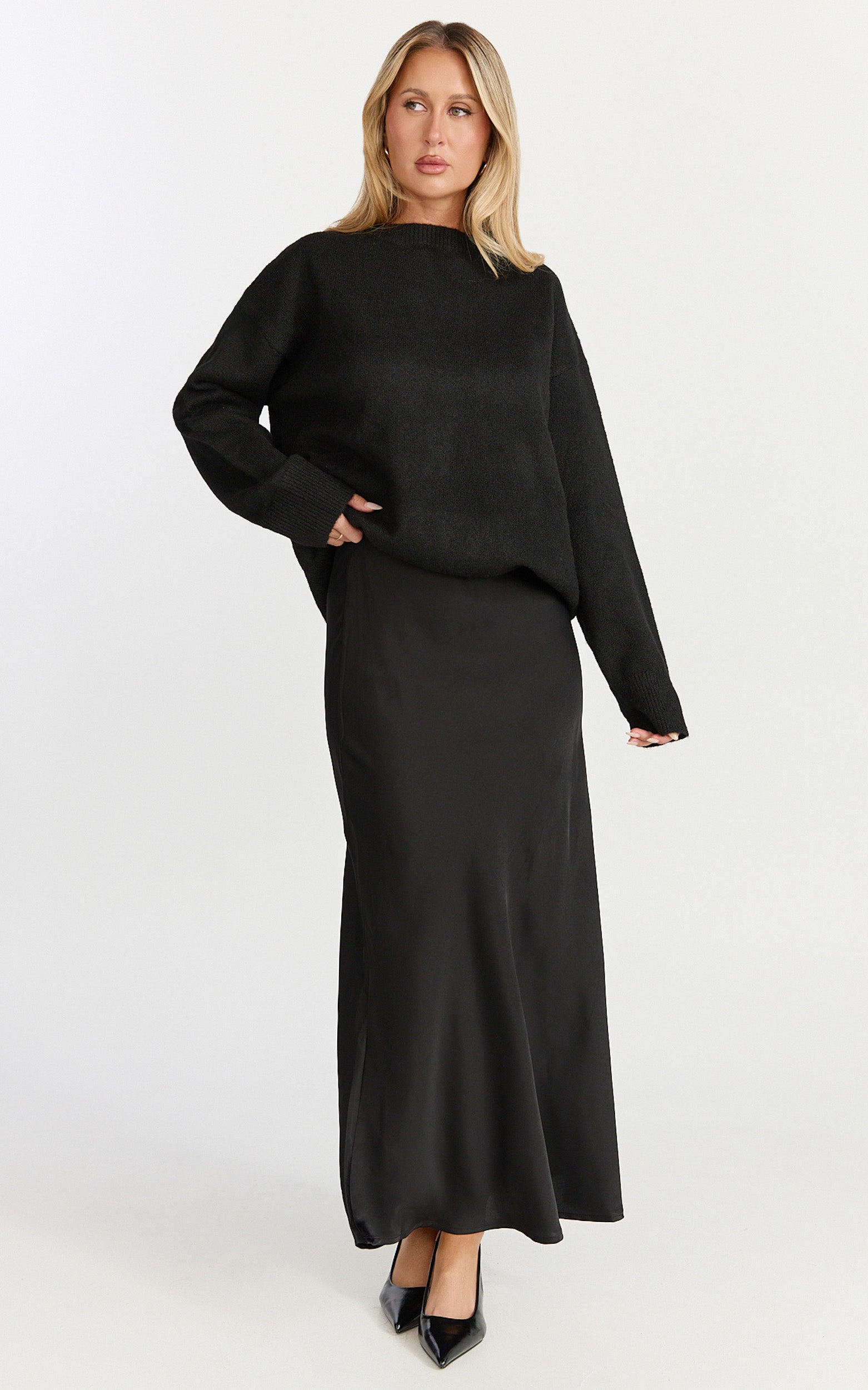 Amari Maxi Skirt - High Waisted Bias Cut Skirt in Black - View 7