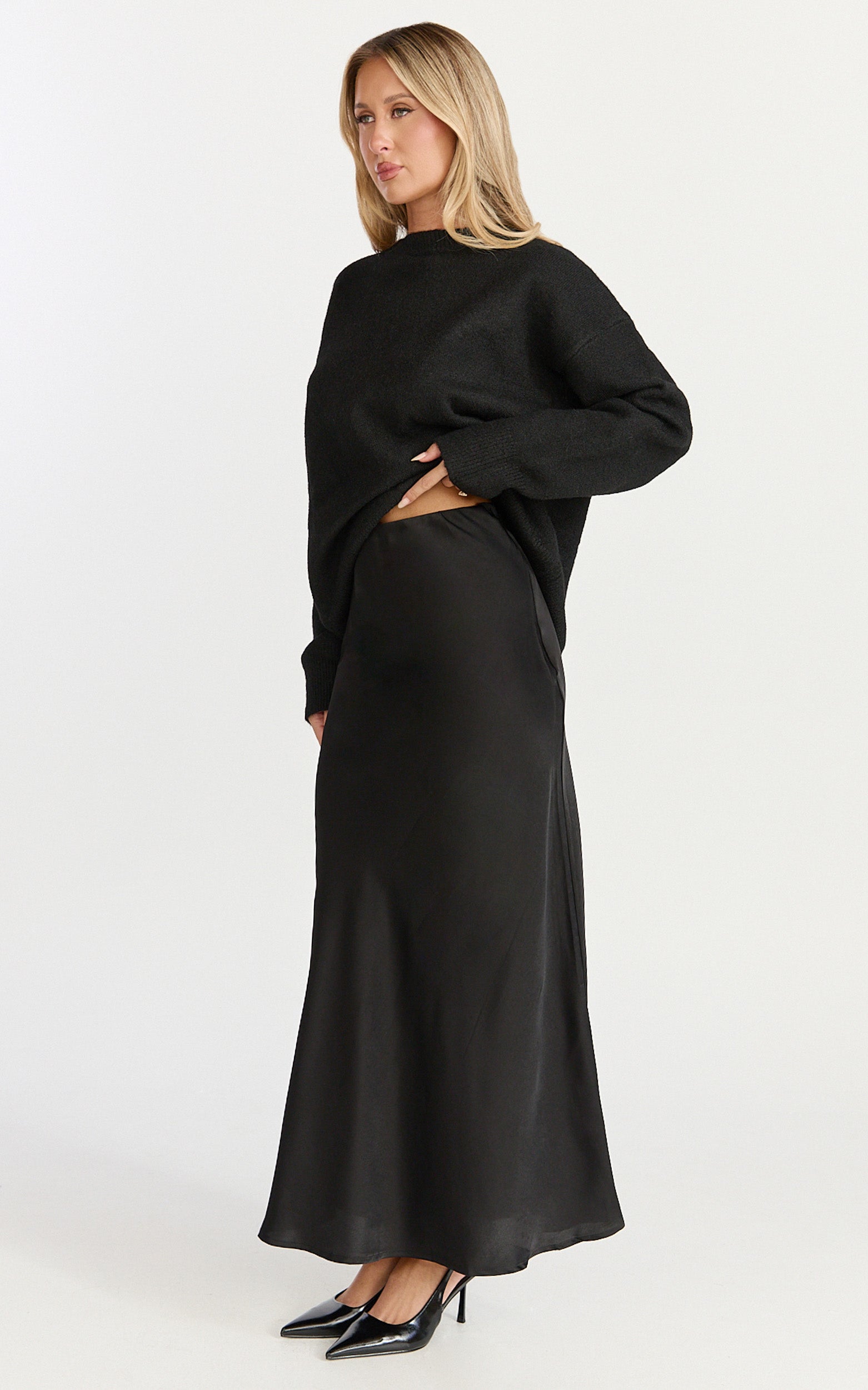 Amari Maxi Skirt - High Waisted Bias Cut Skirt in Black - View 5