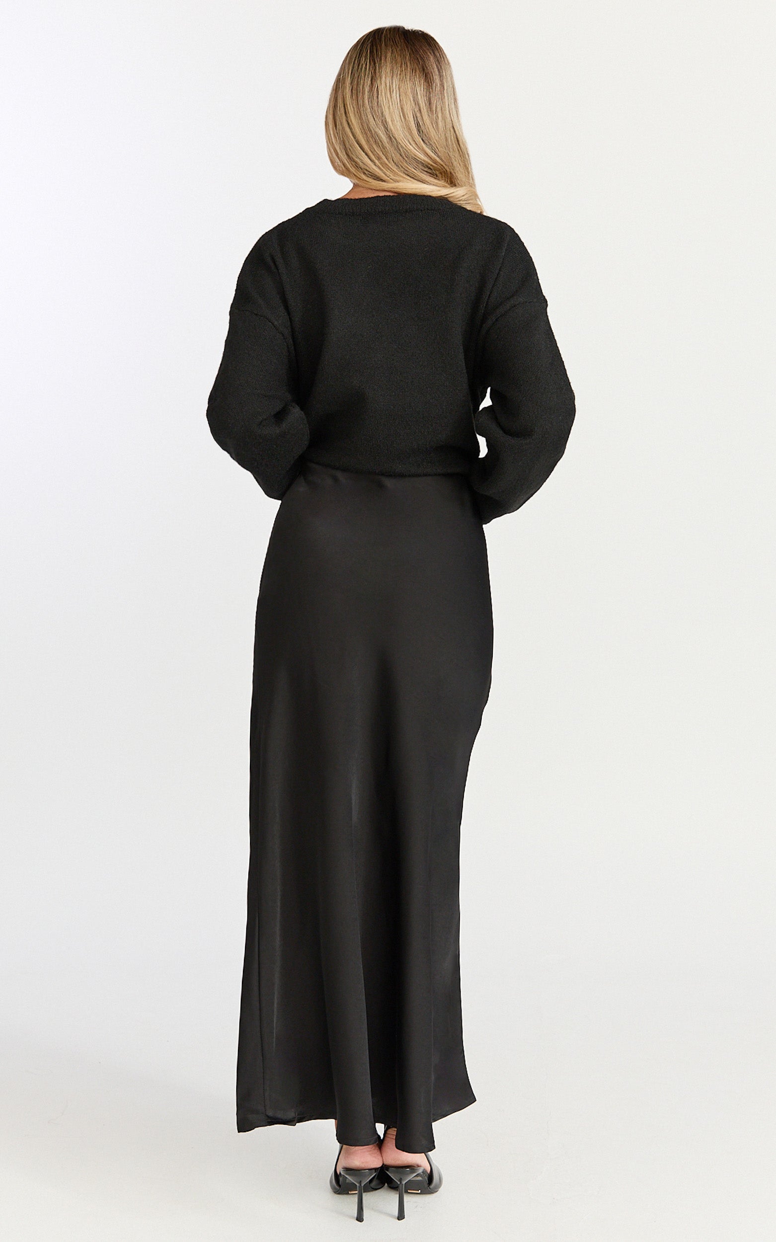 Amari Maxi Skirt - High Waisted Bias Cut Skirt in Black - View 9