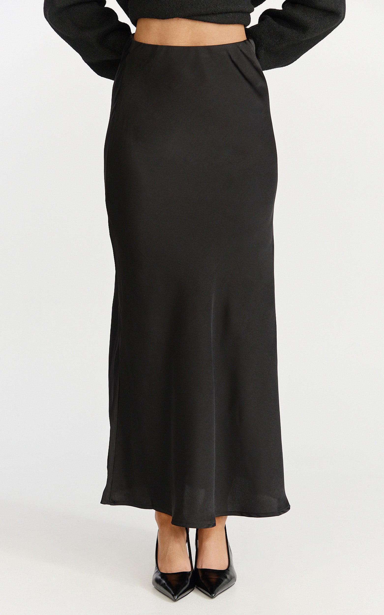Amari Maxi Skirt - High Waisted Bias Cut Skirt in Black - View 8