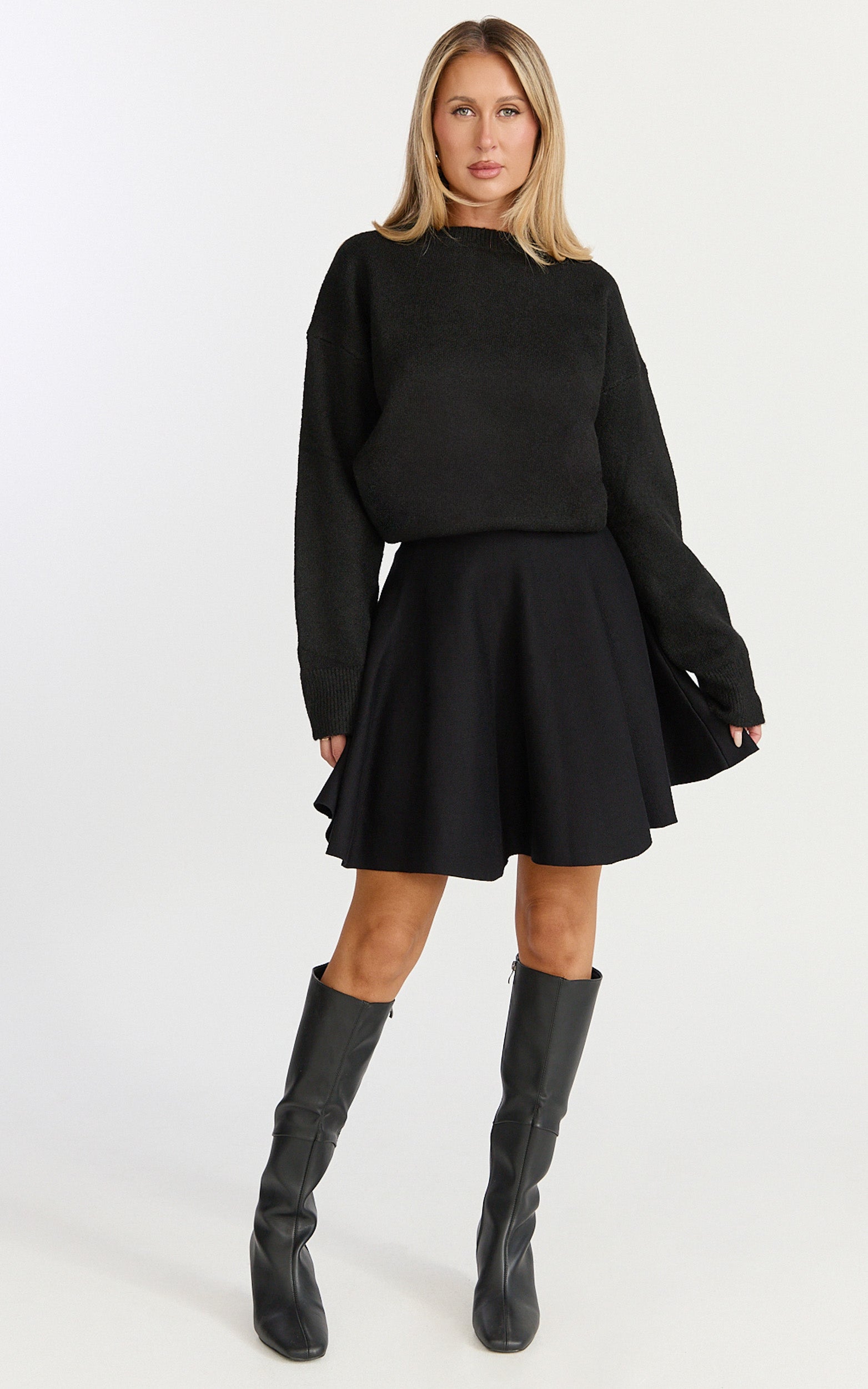 Farrah Mini Skirt - High Waisted A Line Skirt in Black - View 3