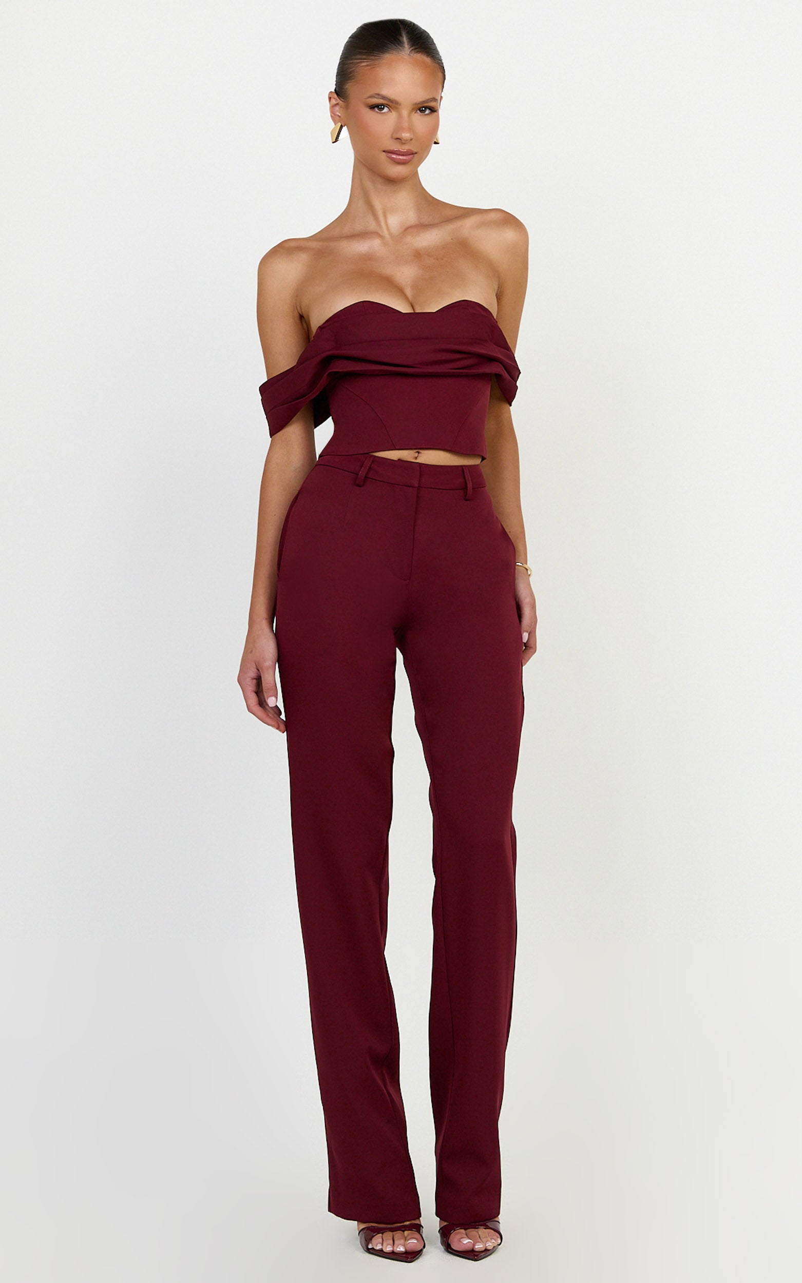 Zinnia Two Piece Top and Pants Set - Off Shoulder Top and Straight Leg Pants in Wine - View 4