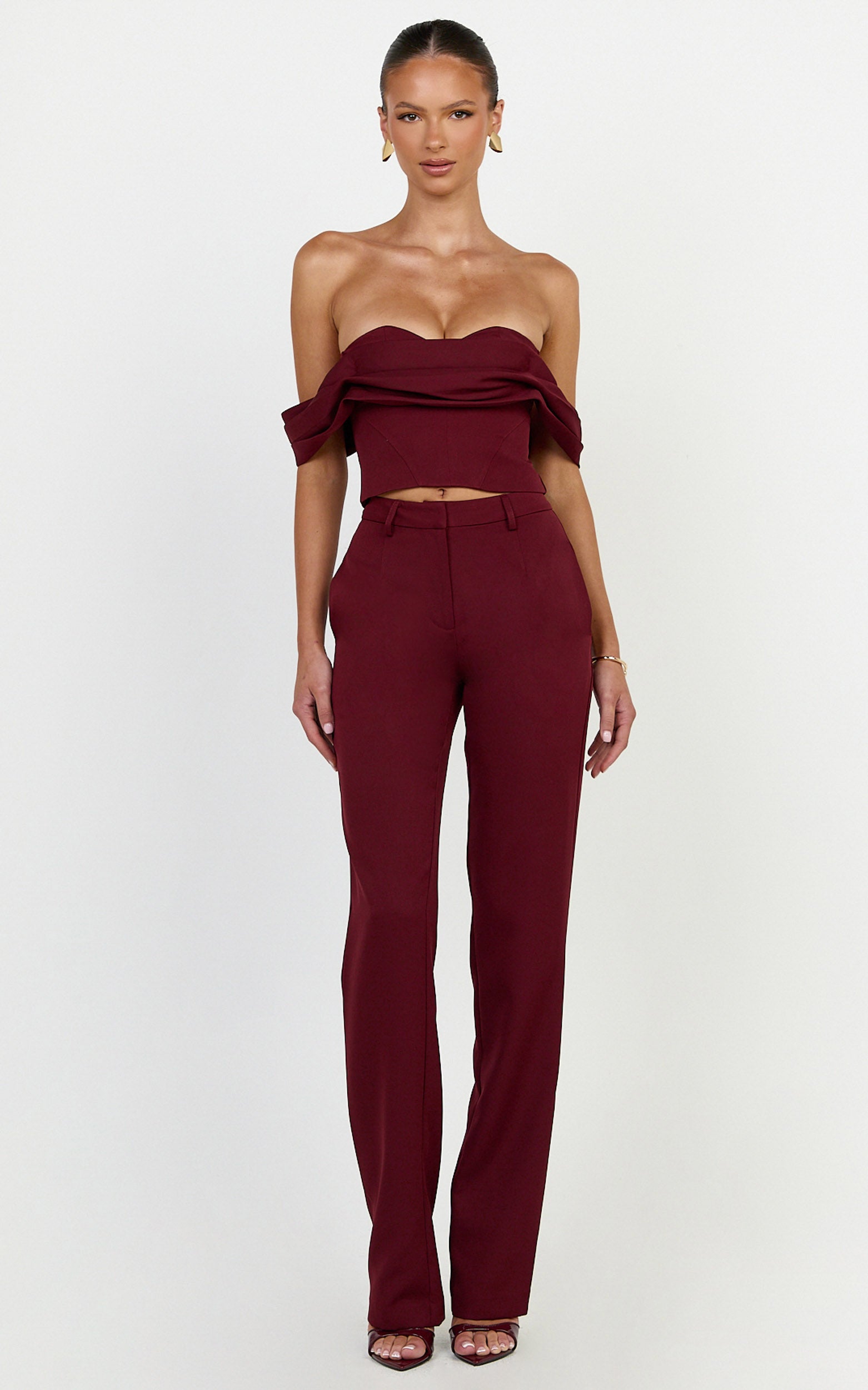 Zinnia Two Piece Top and Pants Set - Off Shoulder Top and Straight Leg Pants in Wine - View 3