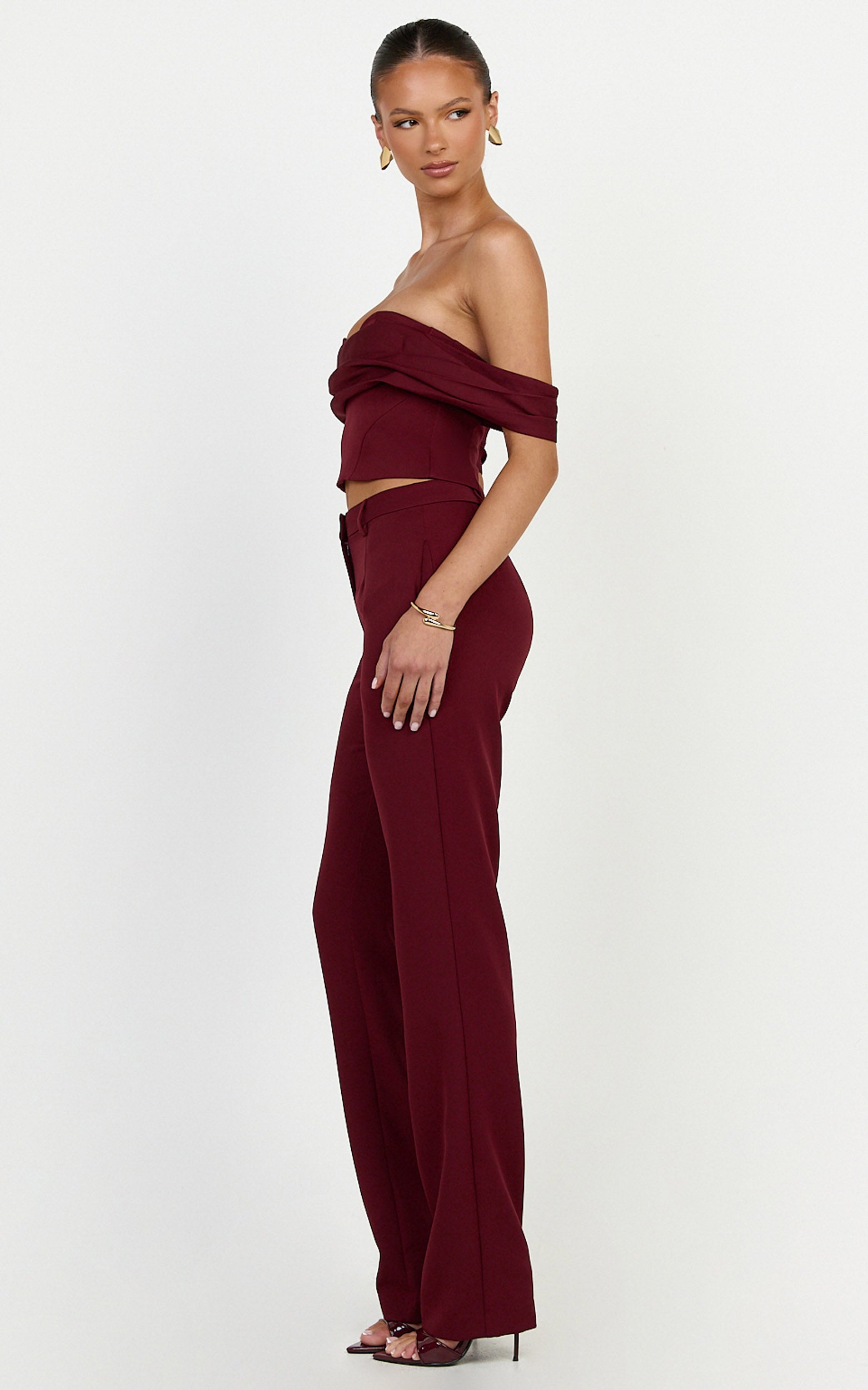Zinnia Two Piece Top and Pants Set - Off Shoulder Top and Straight Leg Pants in Wine - View 2