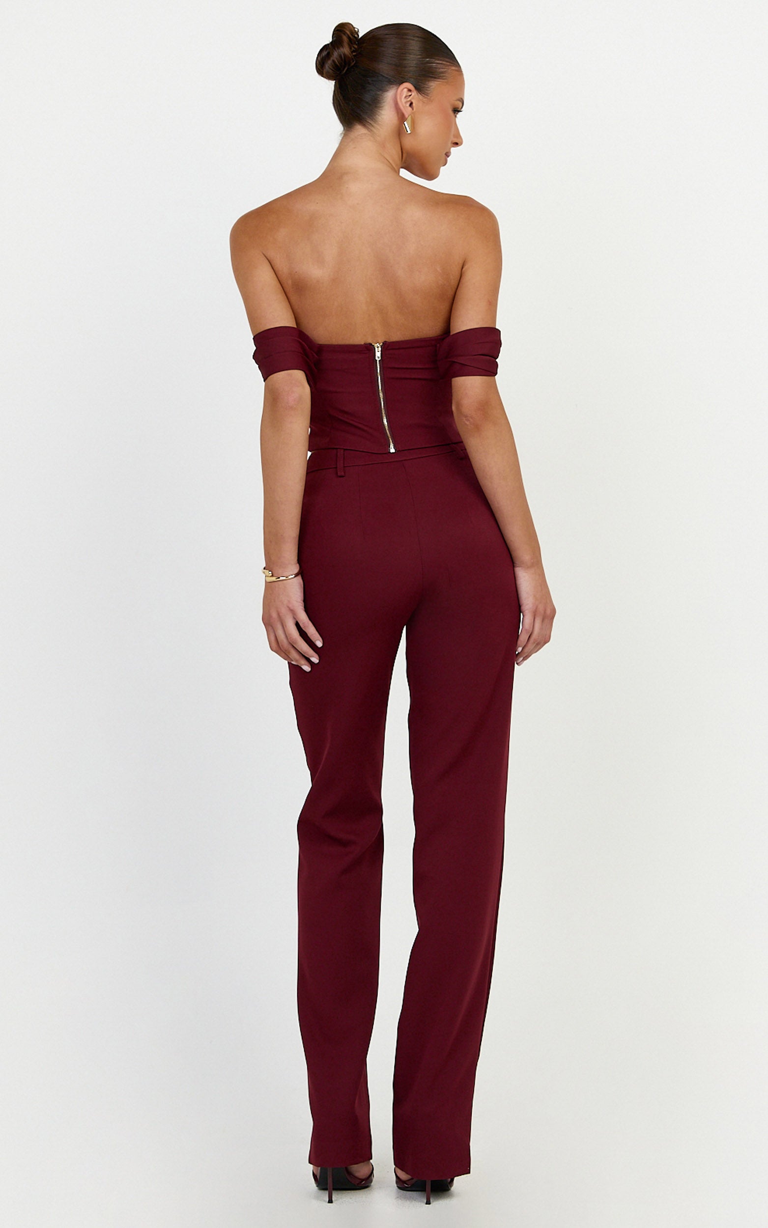 Zinnia Two Piece Top and Pants Set - Off Shoulder Top and Straight Leg Pants in Wine - View 5