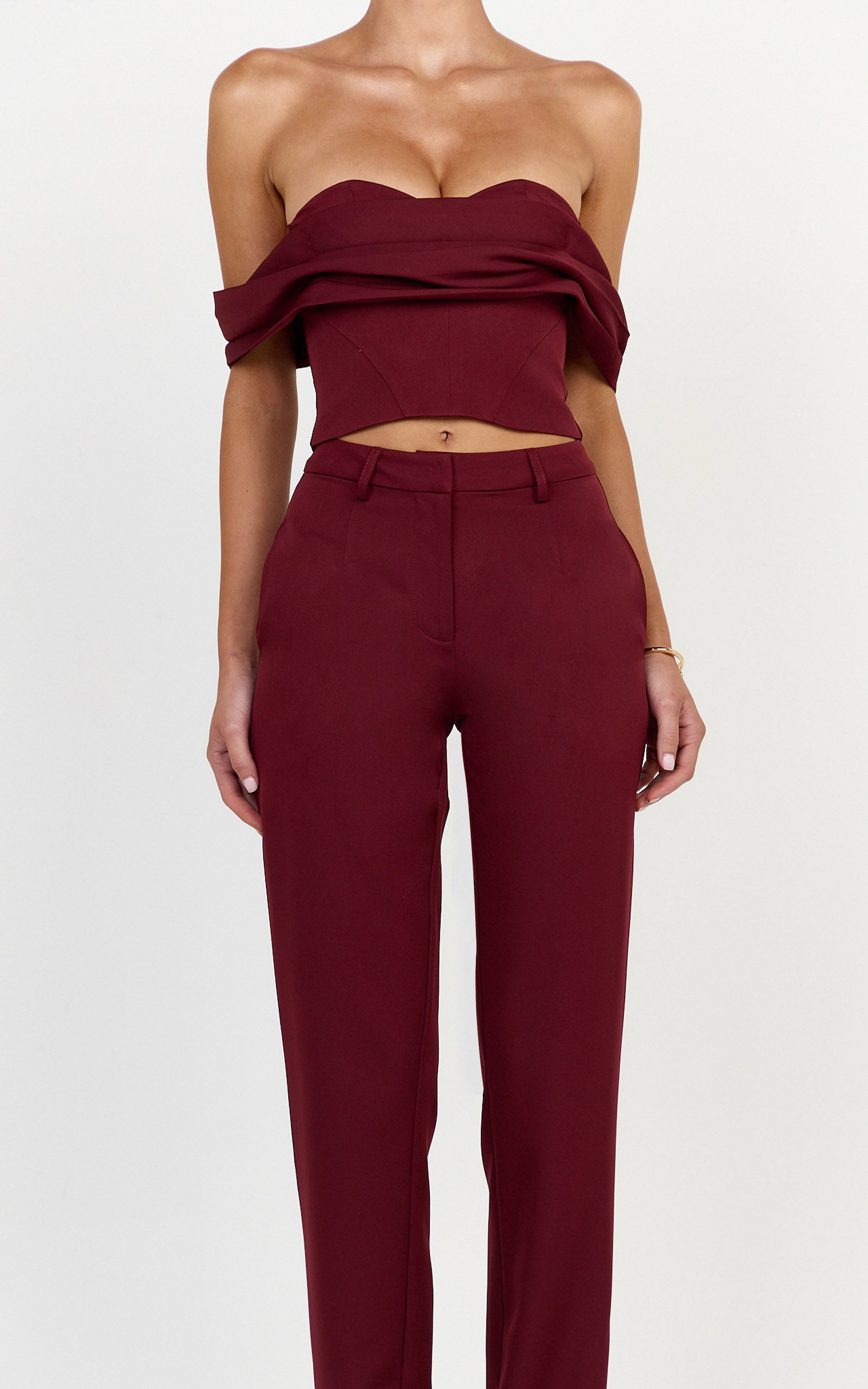 Zinnia Two Piece Top and Pants Set - Off Shoulder Top and Straight Leg Pants in Wine - View 6