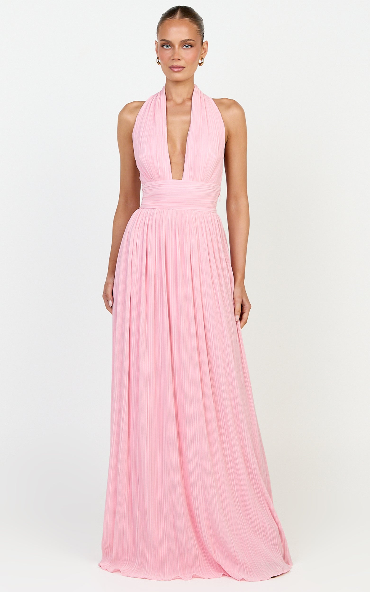 Aurelia Maxi Dress - Plisse Halter Neck Dress in Pink - View 4