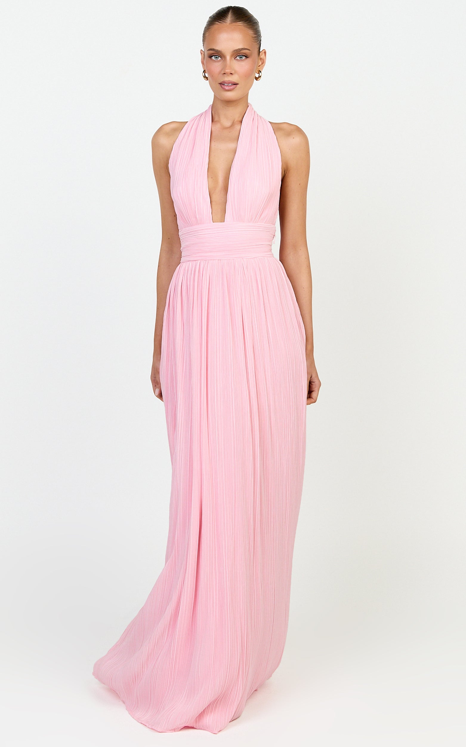 Aurelia Maxi Dress - Plisse Halter Neck Dress in Pink - View 3