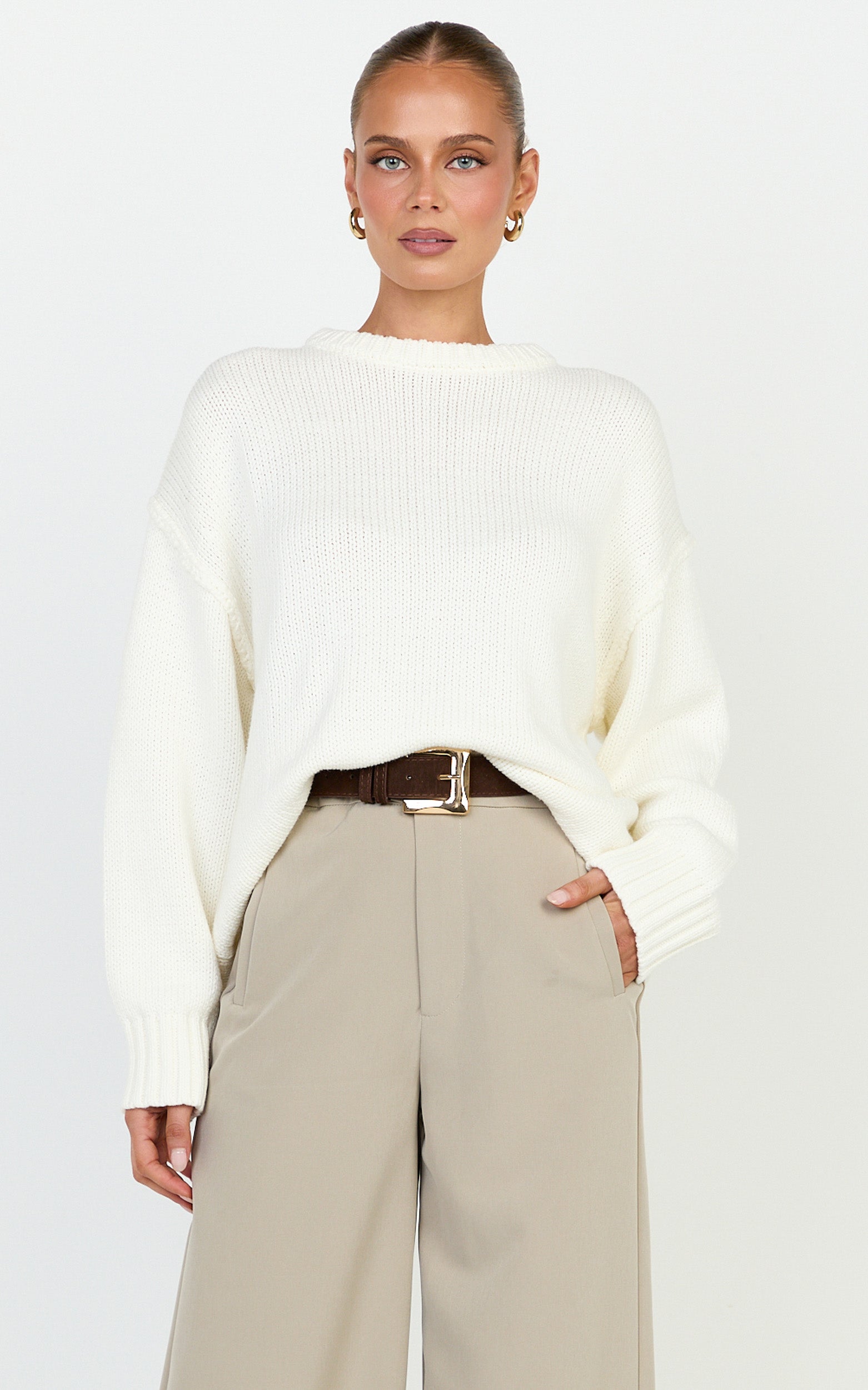 Kira Jumper - Crew Neck Oversized Knit Jumper in White - View 2