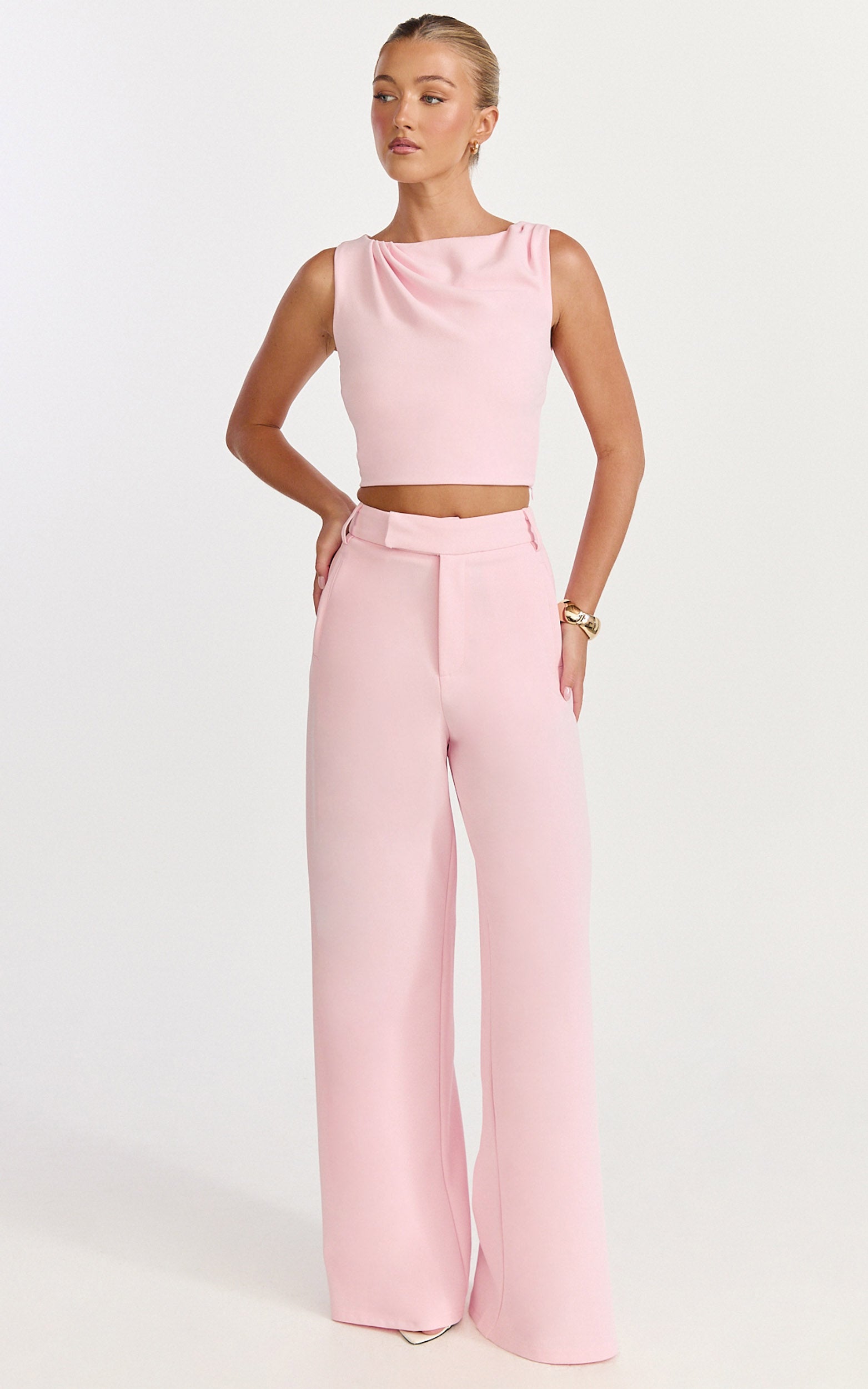 Helen Two Piece Set - Crepe Twisted Top And Wide Leg Pants in Pink - View 3