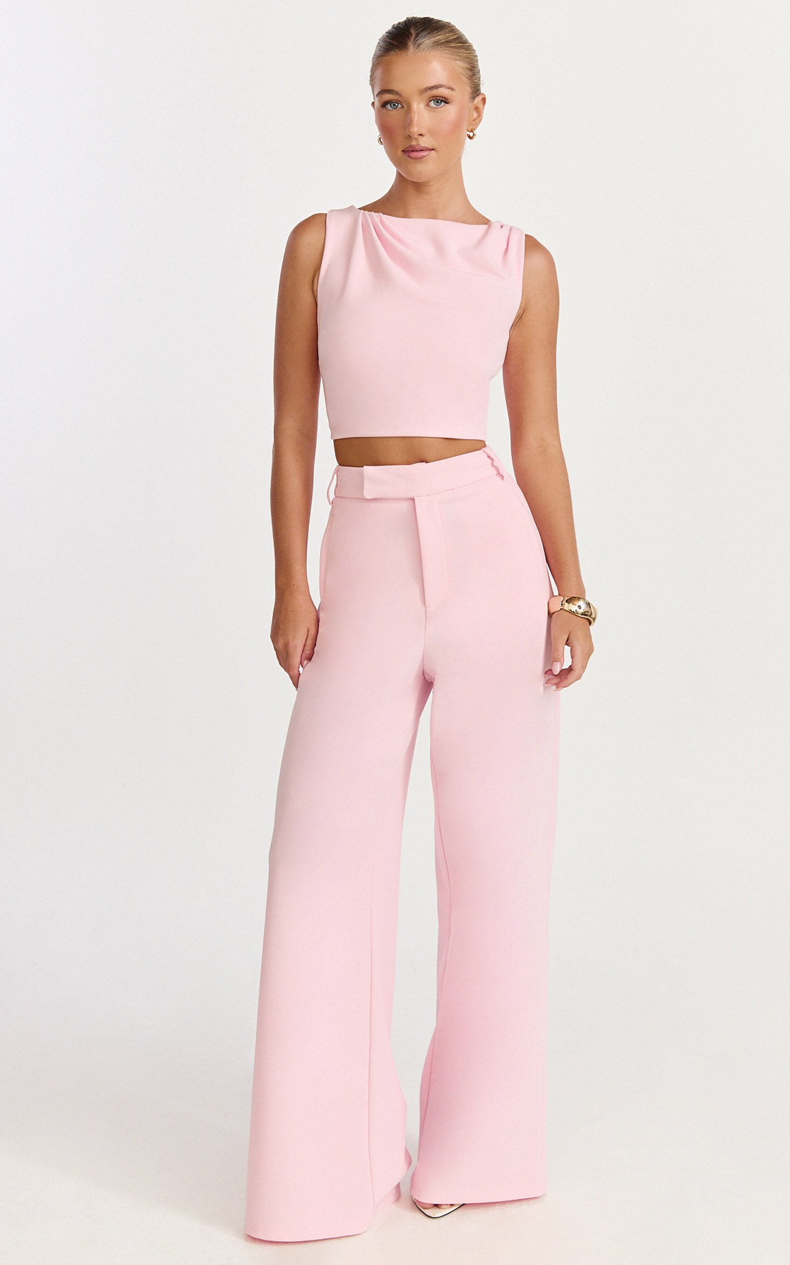 Helen Two Piece Set - Crepe Twisted Top And Wide Leg Pants in Pink - View 4