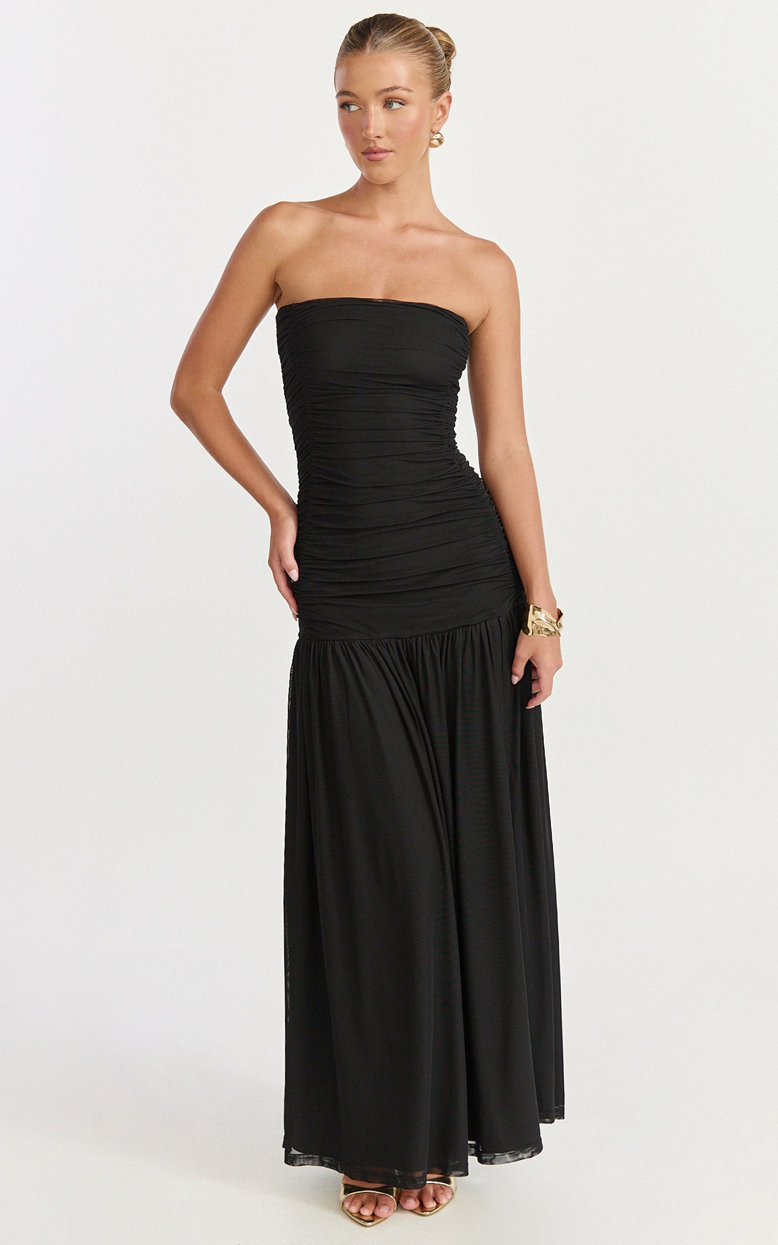 Lara Maxi Dress - Strapless Ruched Mesh High Leg Split Dress in Black - View 3