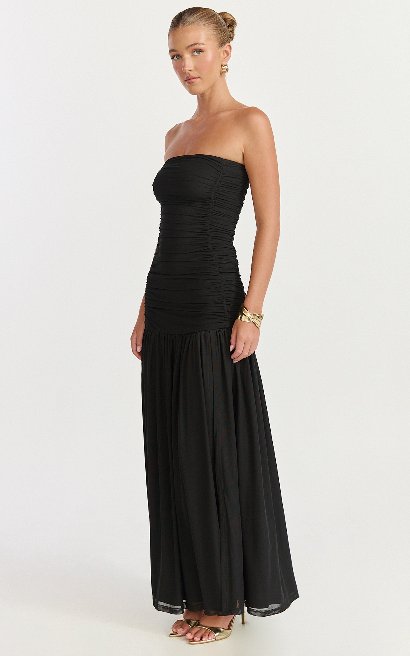 Lara Maxi Dress - Strapless Ruched Mesh High Leg Split Dress in Black - View 2