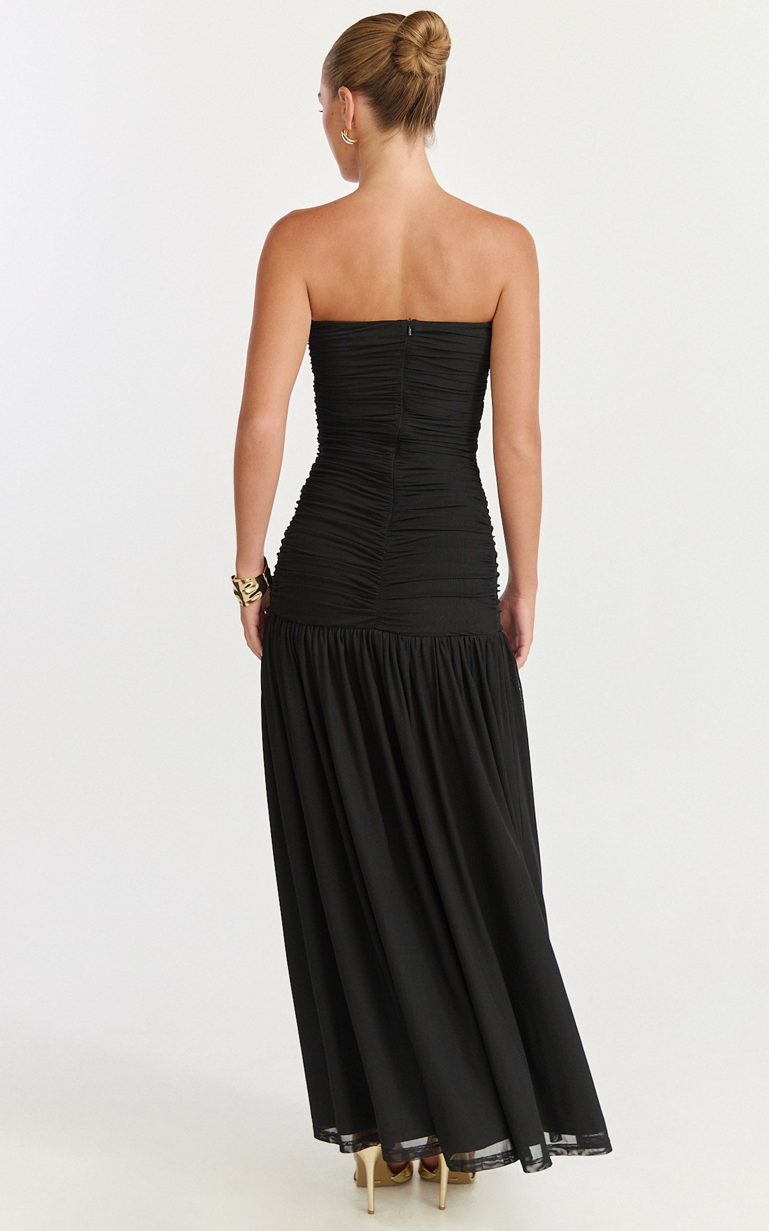 Lara Maxi Dress - Strapless Ruched Mesh High Leg Split Dress in Black - View 5