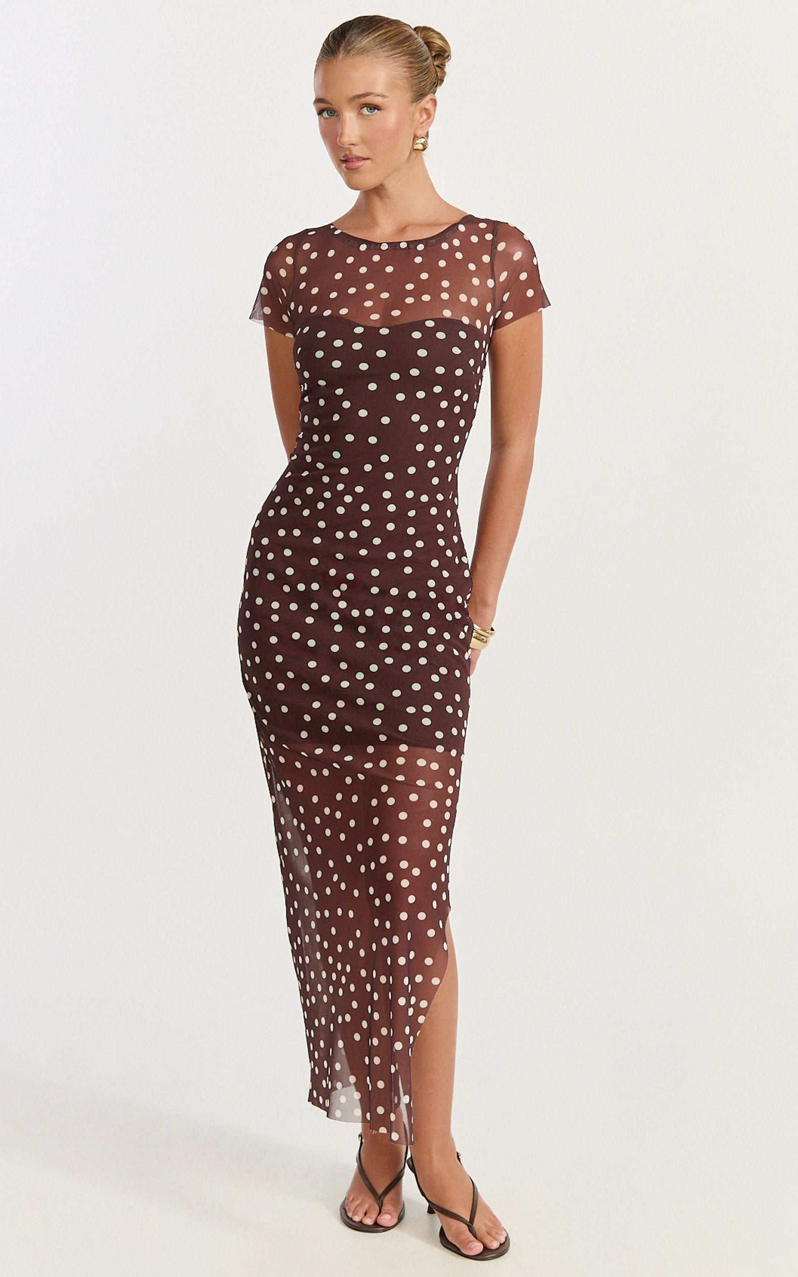 Colette Maxi Dress - Mesh Tshirt Dress in Chocolate Polka Dot - View 3