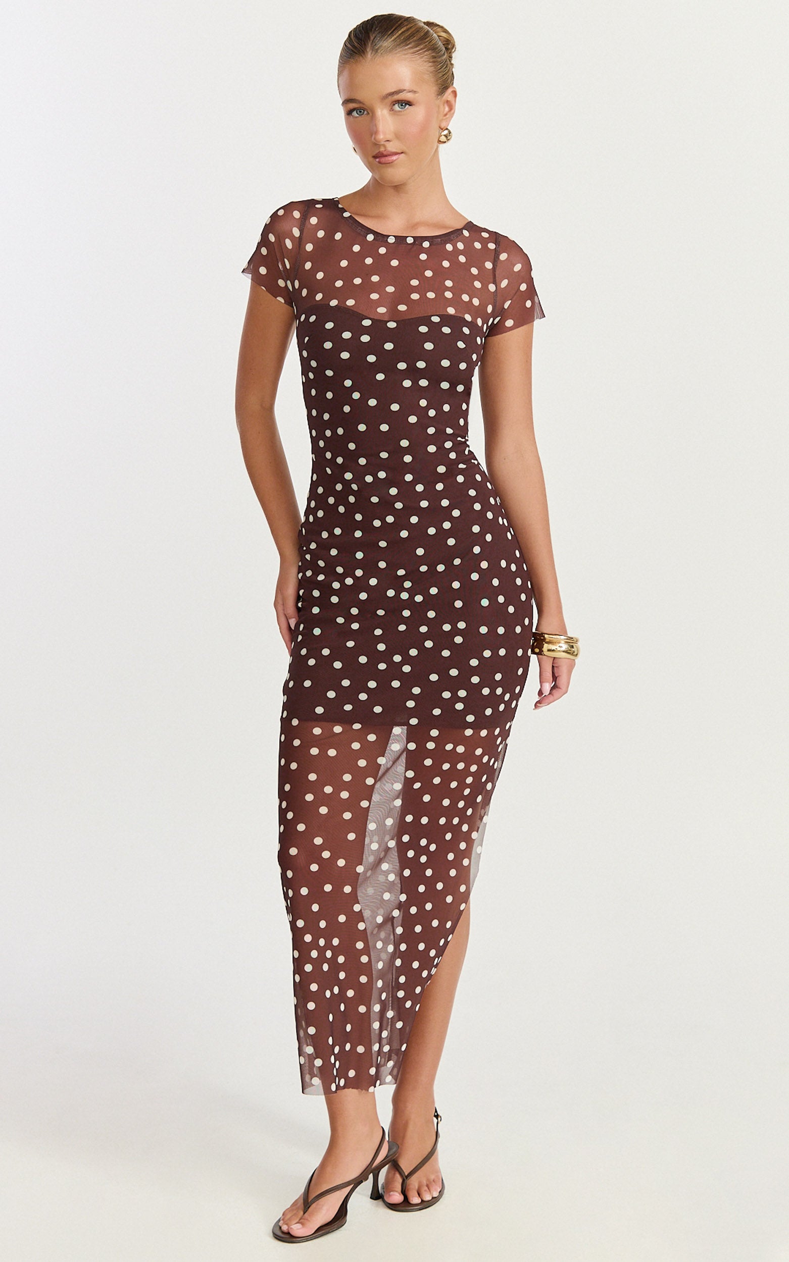 Colette Maxi Dress - Mesh Tshirt Dress in Chocolate Polka Dot - View 4