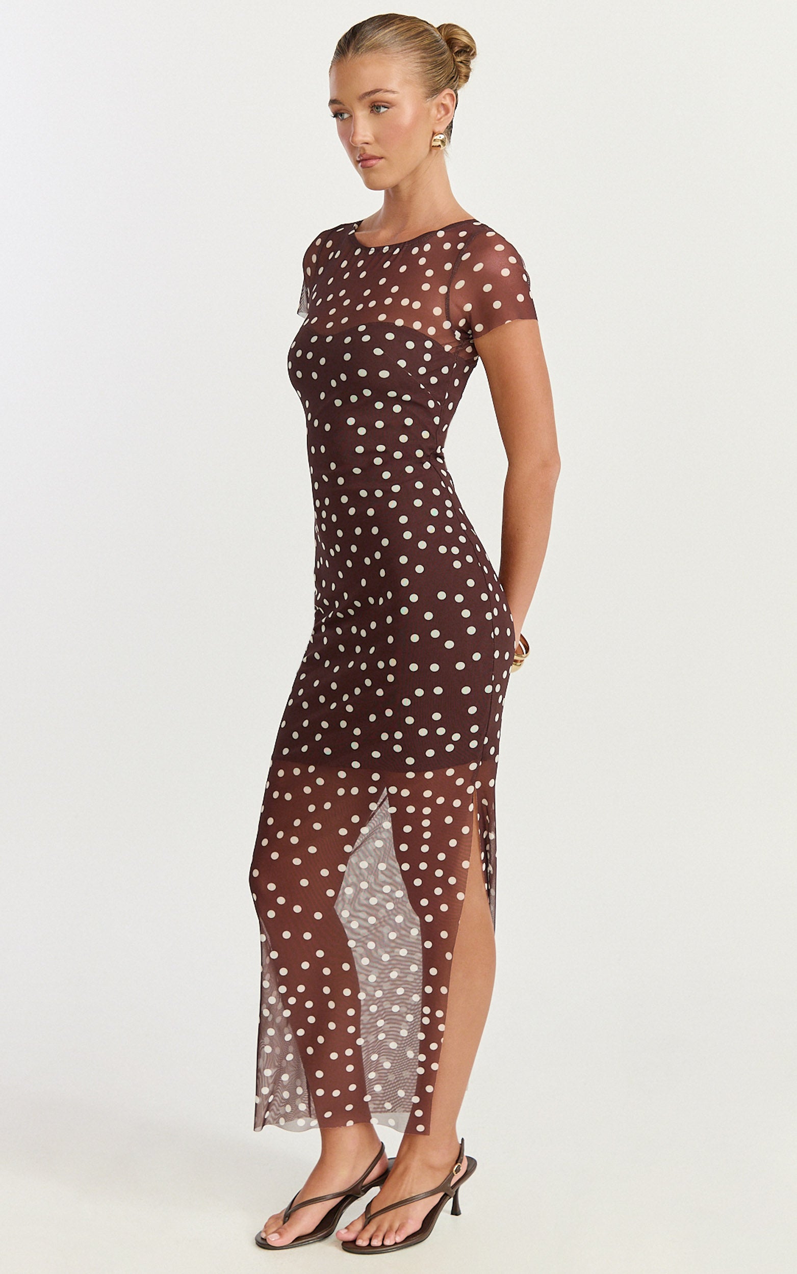 Colette Maxi Dress - Mesh Tshirt Dress in Chocolate Polka Dot - View 2