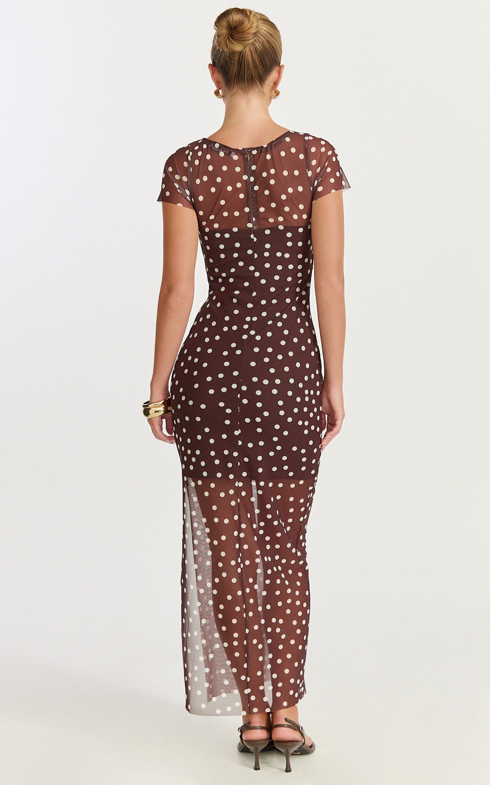 Colette Maxi Dress - Mesh Tshirt Dress in Chocolate Polka Dot - View 5