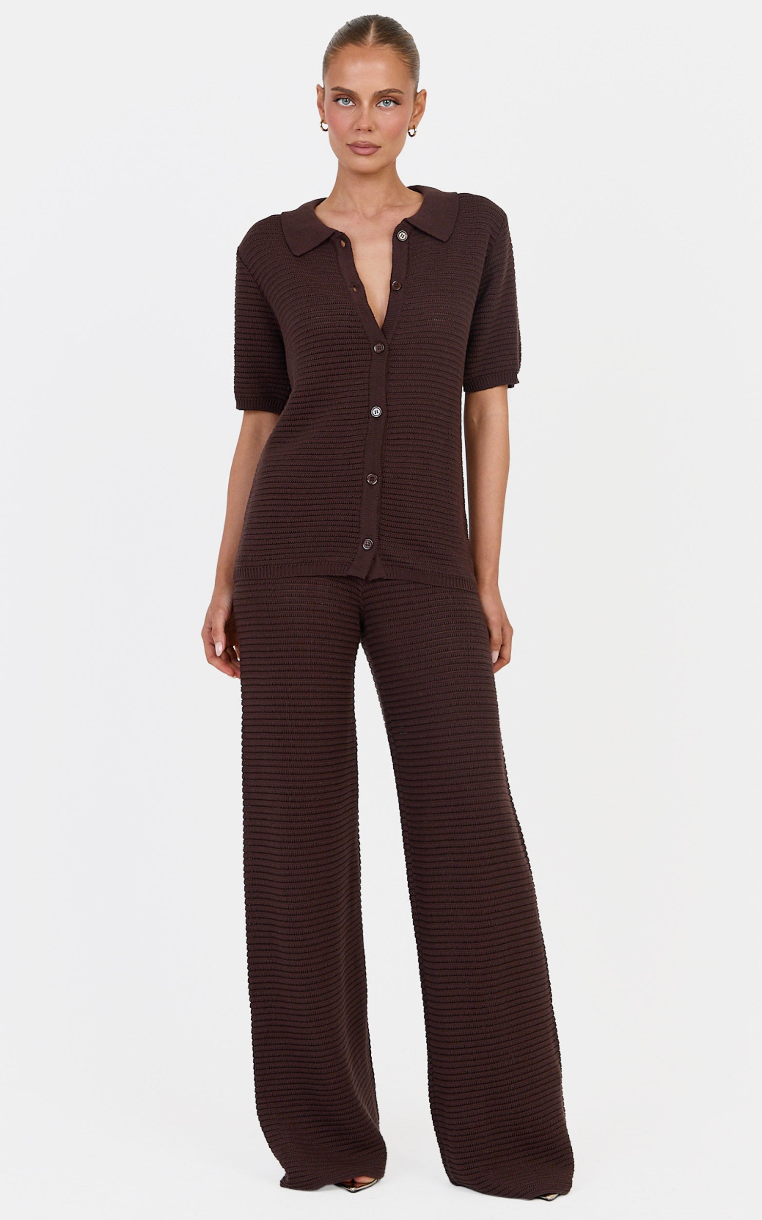 Leonora Two Piece Top and Pants Set - Cotton Knit Button Through Shirt and Drawstring Pants Set in Chocolate - View 4