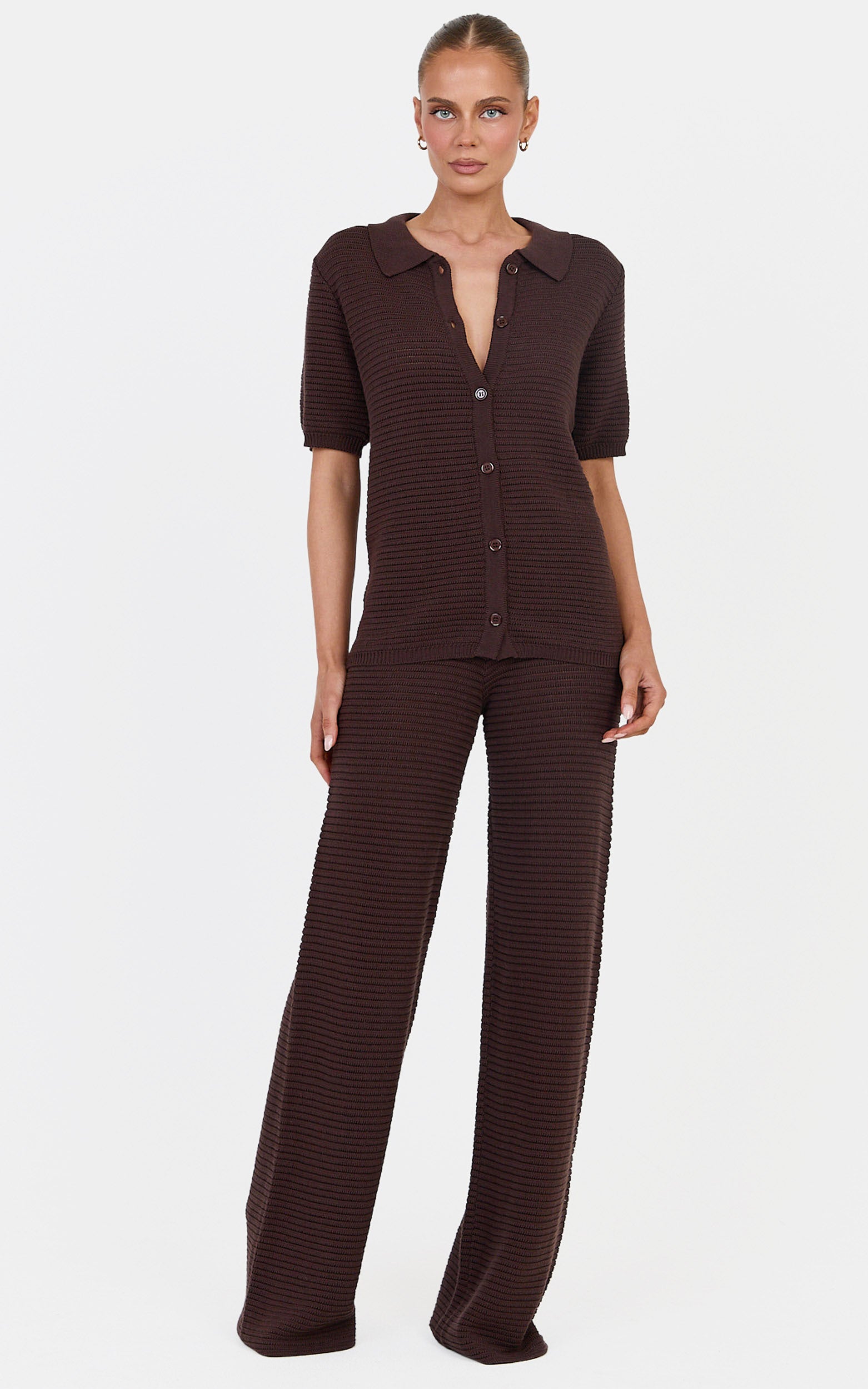 Leonora Two Piece Top and Pants Set - Cotton Knit Button Through Shirt and Drawstring Pants Set in Chocolate - View 3