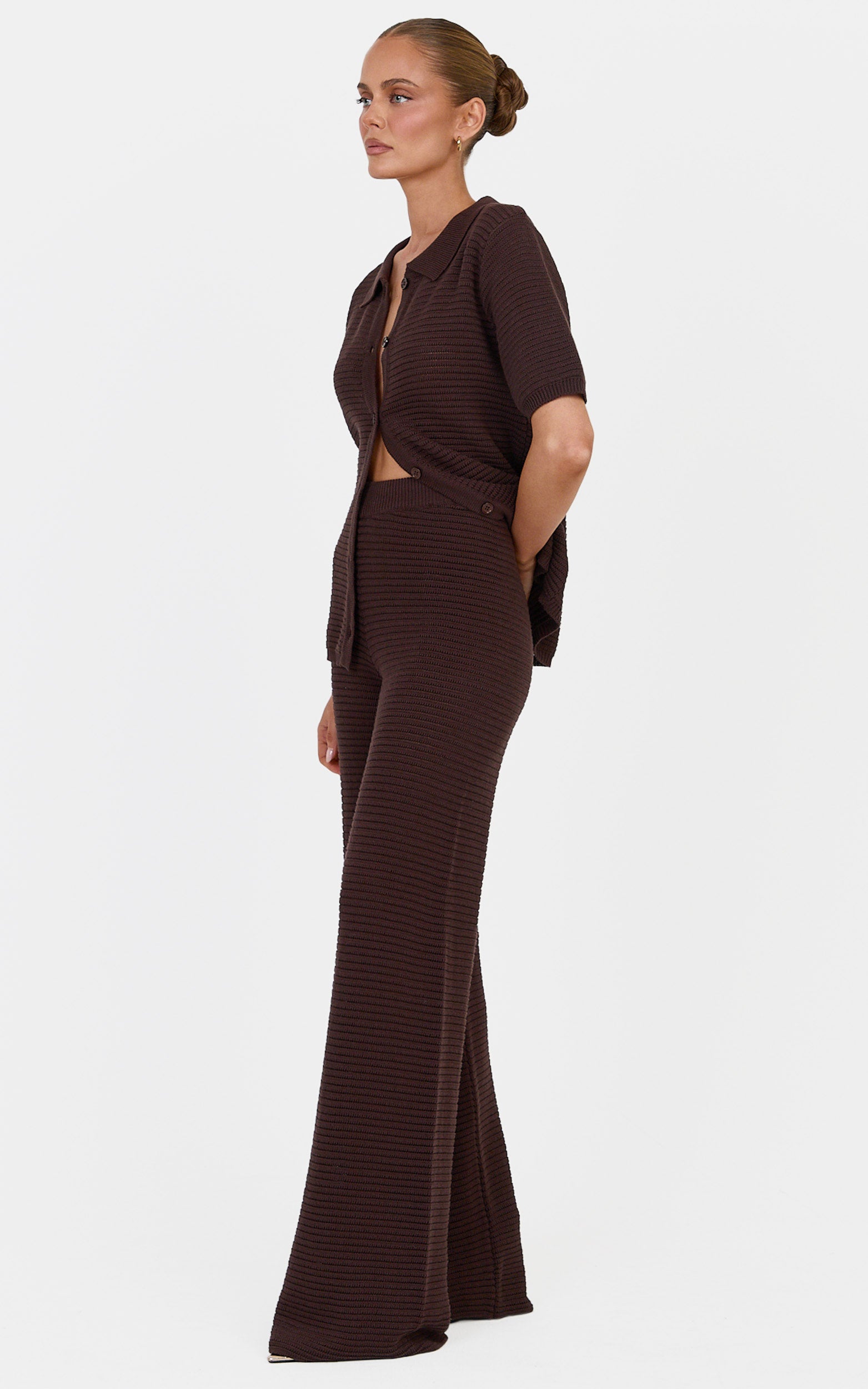 Leonora Two Piece Top and Pants Set - Cotton Knit Button Through Shirt and Drawstring Pants Set in Chocolate - View 2