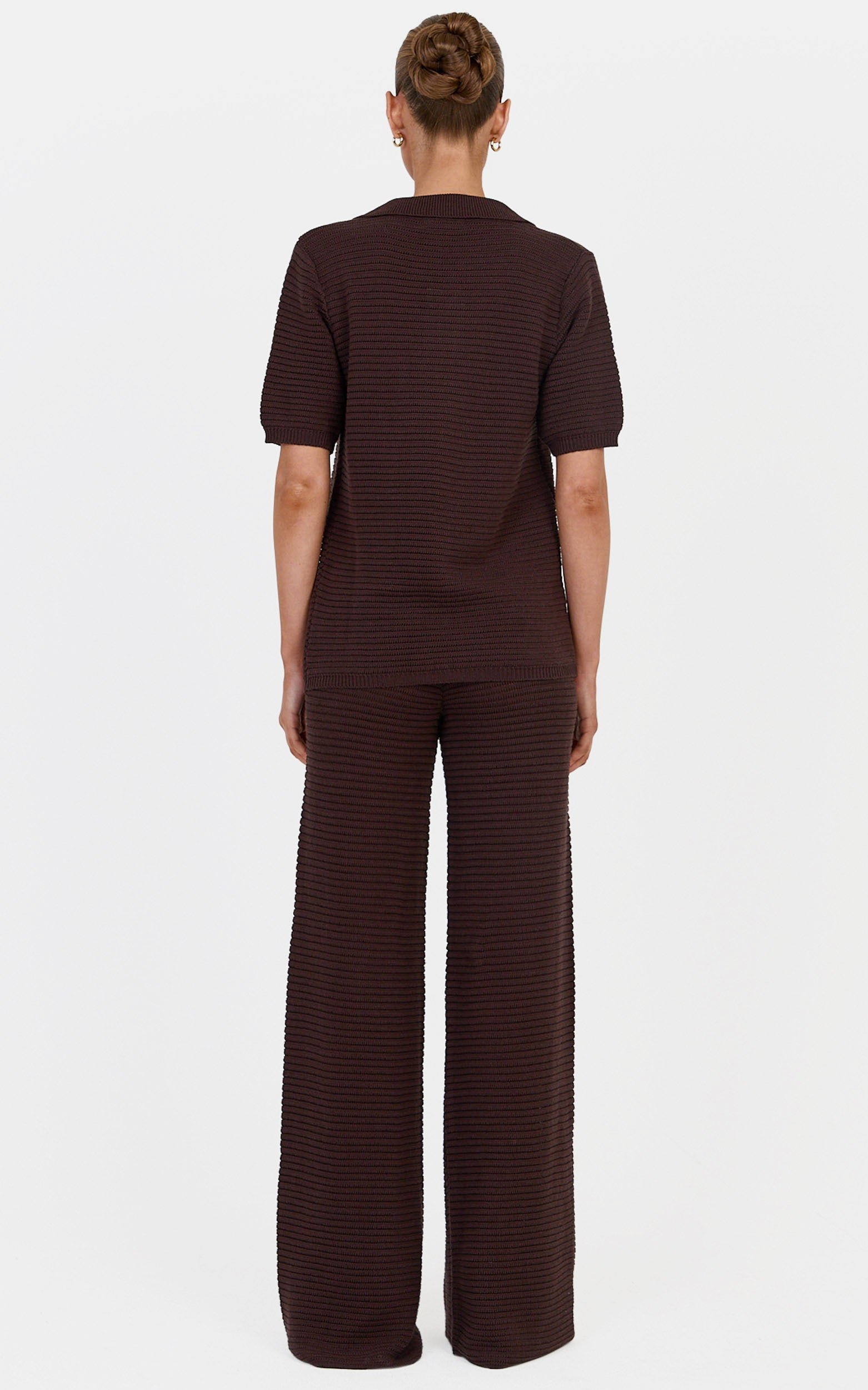 Leonora Two Piece Top and Pants Set - Cotton Knit Button Through Shirt and Drawstring Pants Set in Chocolate - View 5