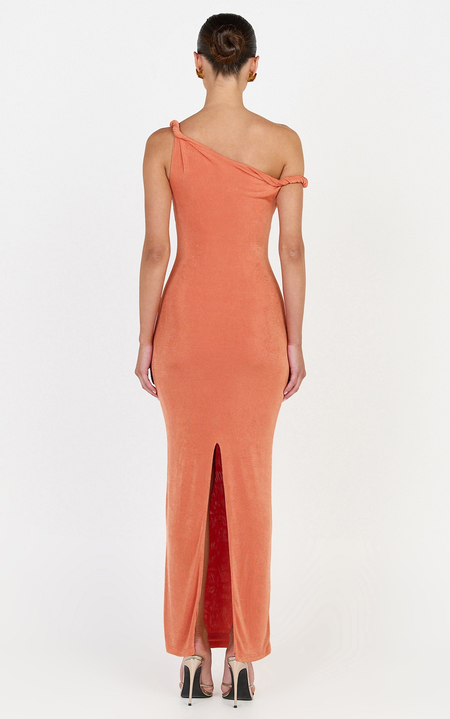 Isabel Midi Dress - Twist Off Shoulder Bodycon Dress in Coral - View 5
