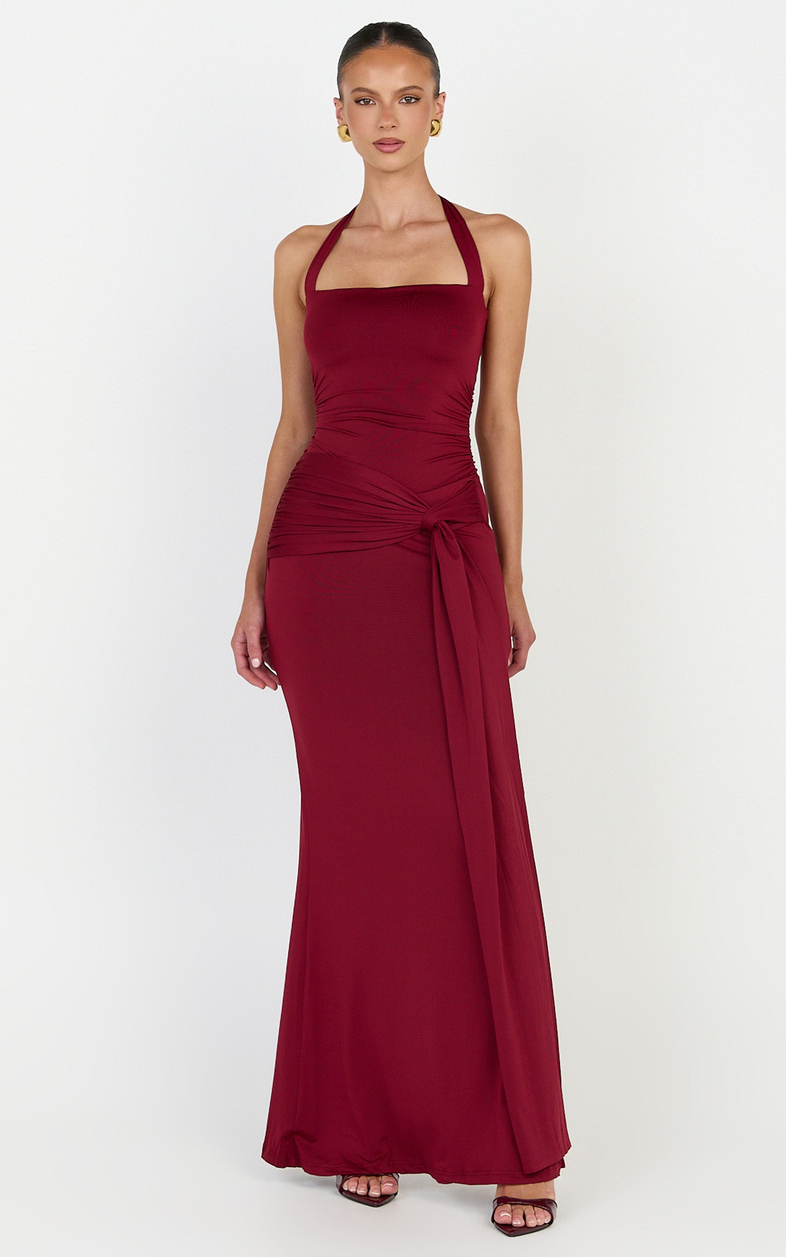 Amaya Maxi Dress - Draped Sash Halter Dress in Burgundy - View 5