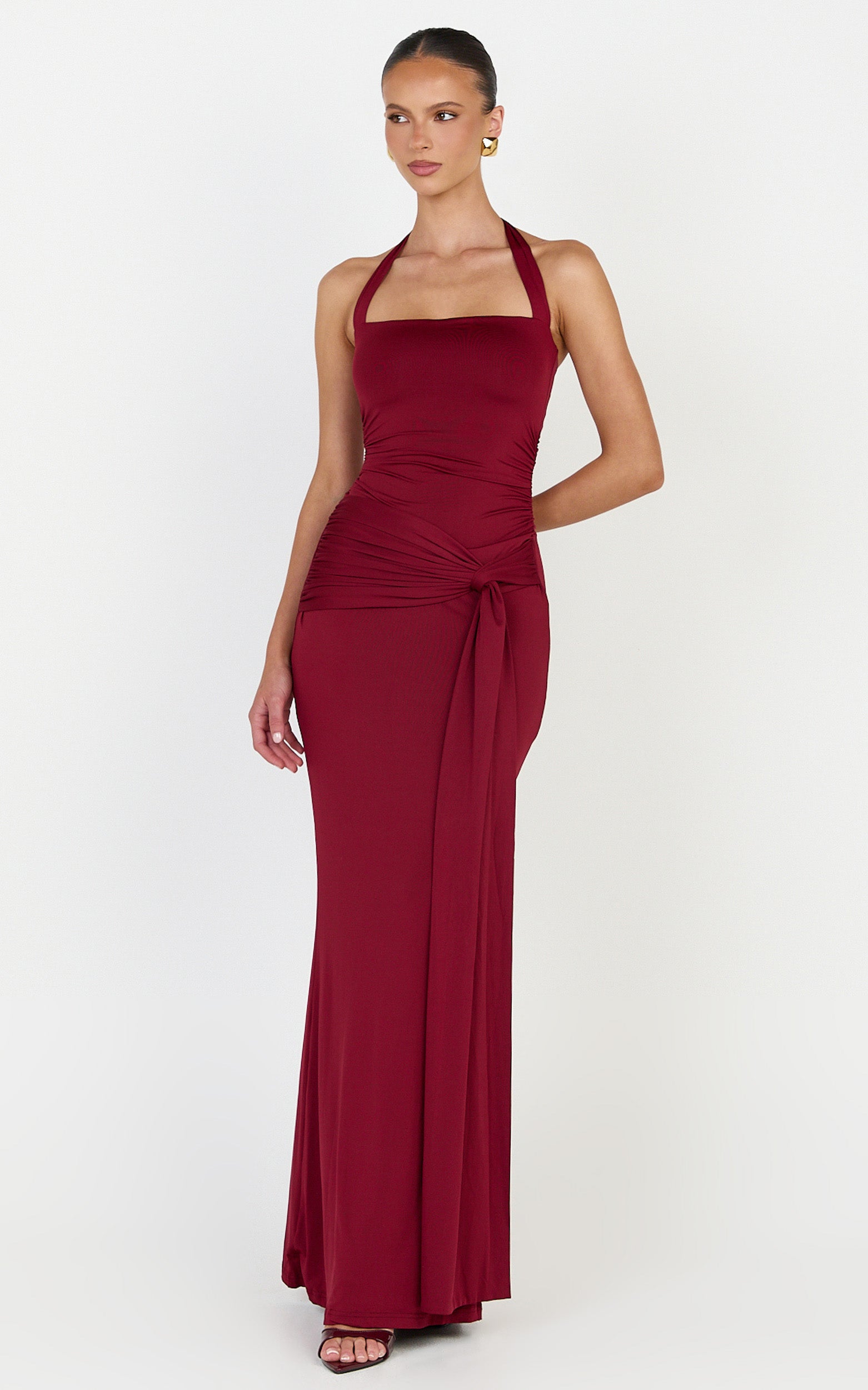 Amaya Maxi Dress - Draped Sash Halter Dress in Burgundy - View 4