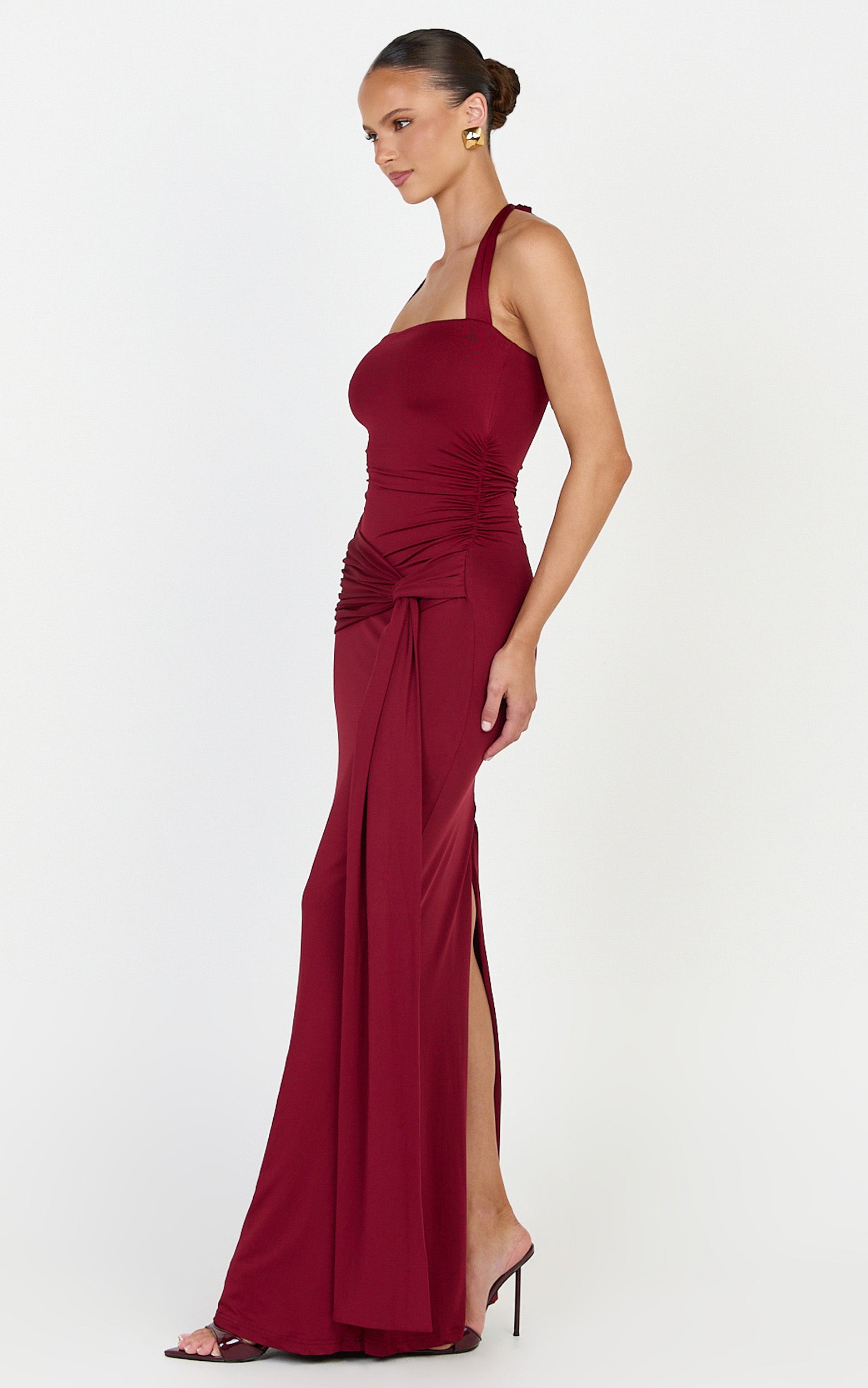 Amaya Maxi Dress - Draped Sash Halter Dress in Burgundy - View 3