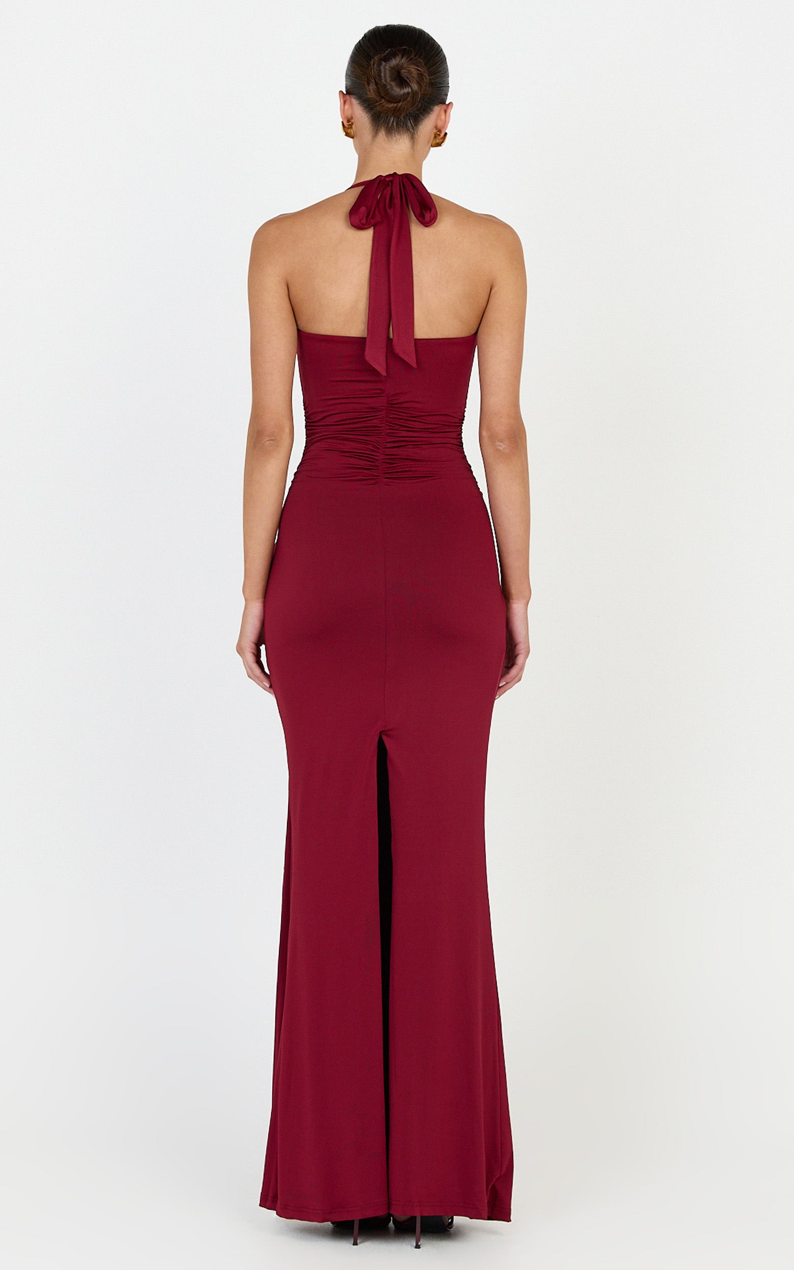 Amaya Maxi Dress - Draped Sash Halter Dress in Burgundy - View 6