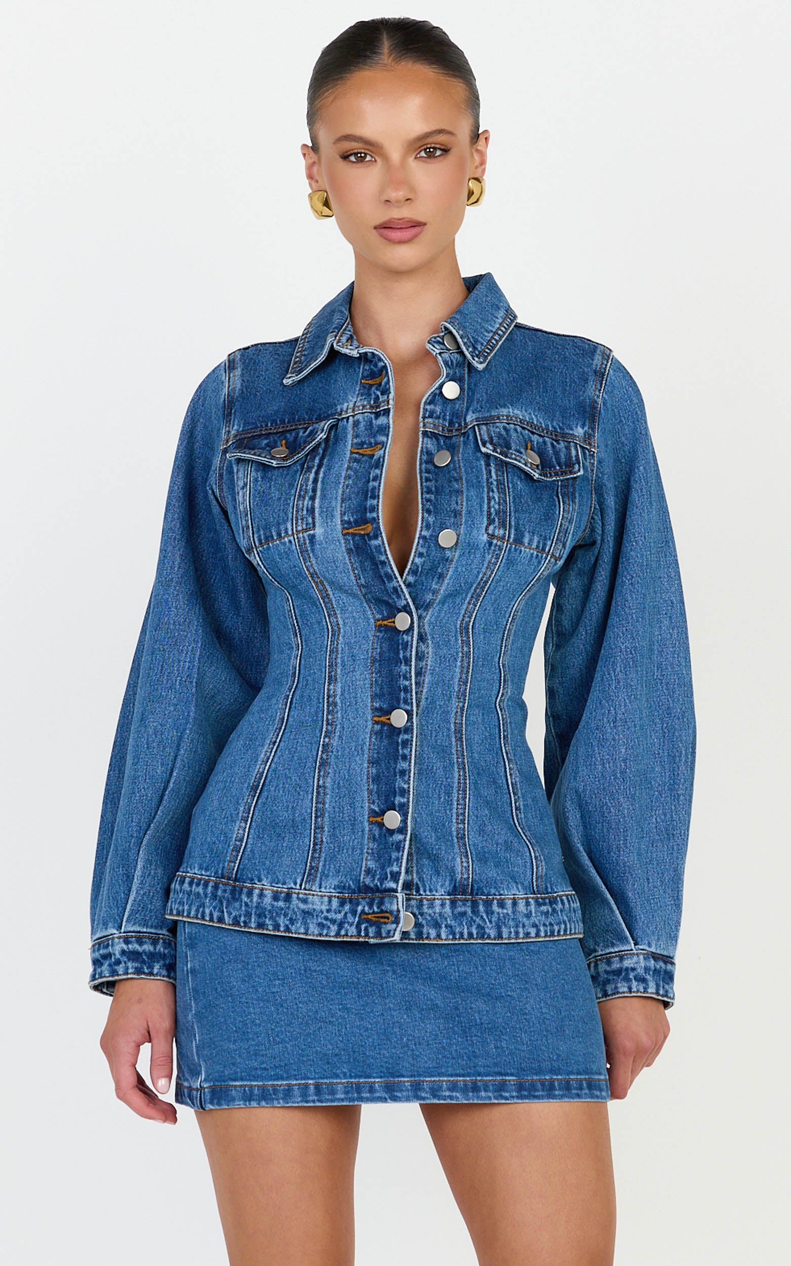 Tianna Jacket - Long Sleeve Contoured Recycled Denim Jacket in Mid Blue Wash - View 2