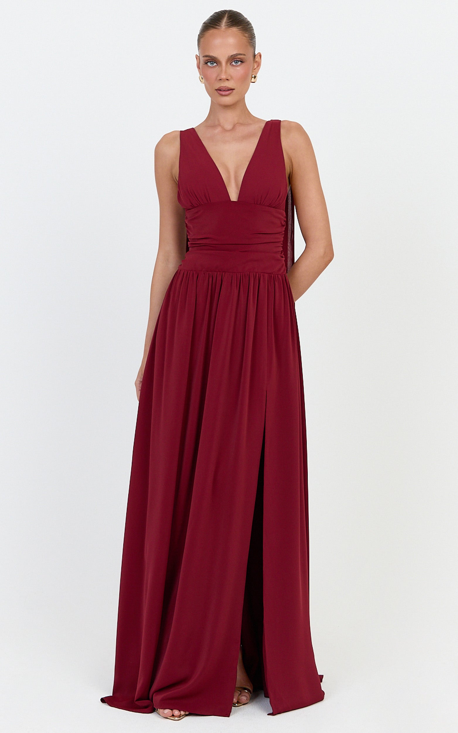 Tatiana Maxi Dress - Plunge Neckline Fit And Flare Dress in Wine - View 4