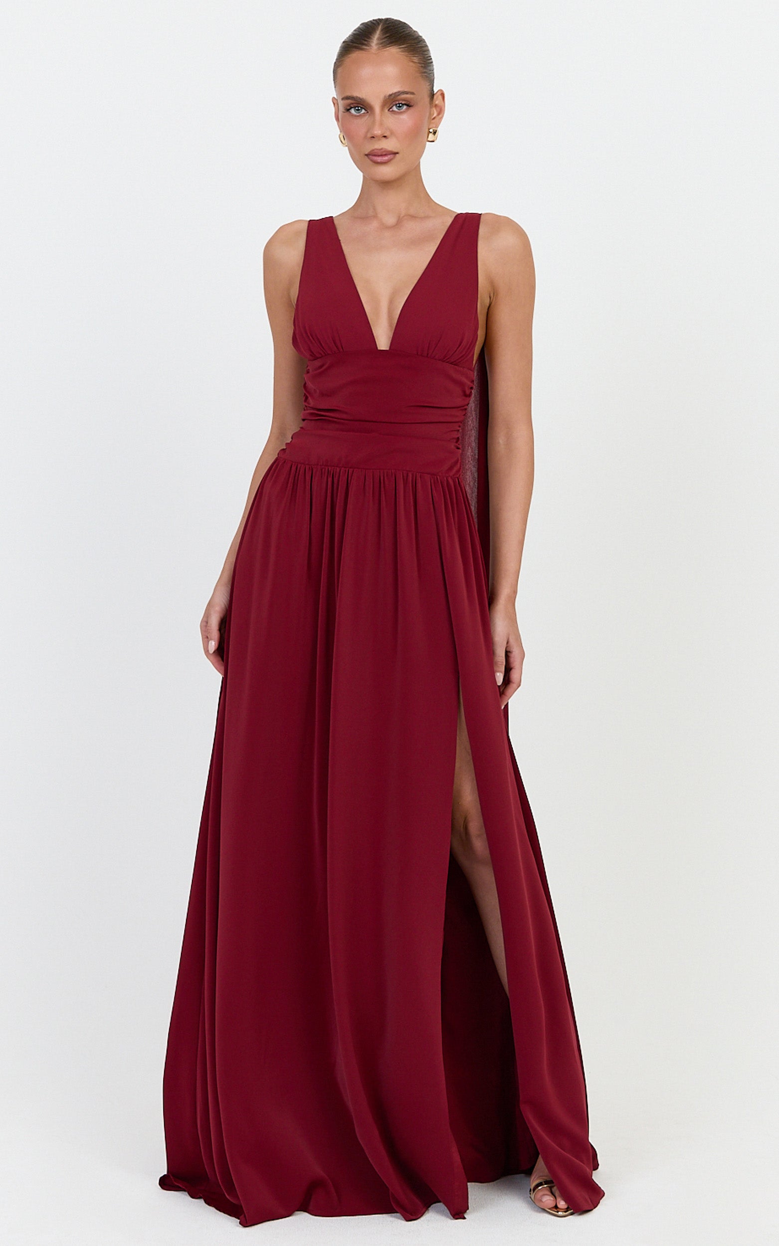 Tatiana Maxi Dress - Plunge Neckline Fit And Flare Dress in Wine - View 3