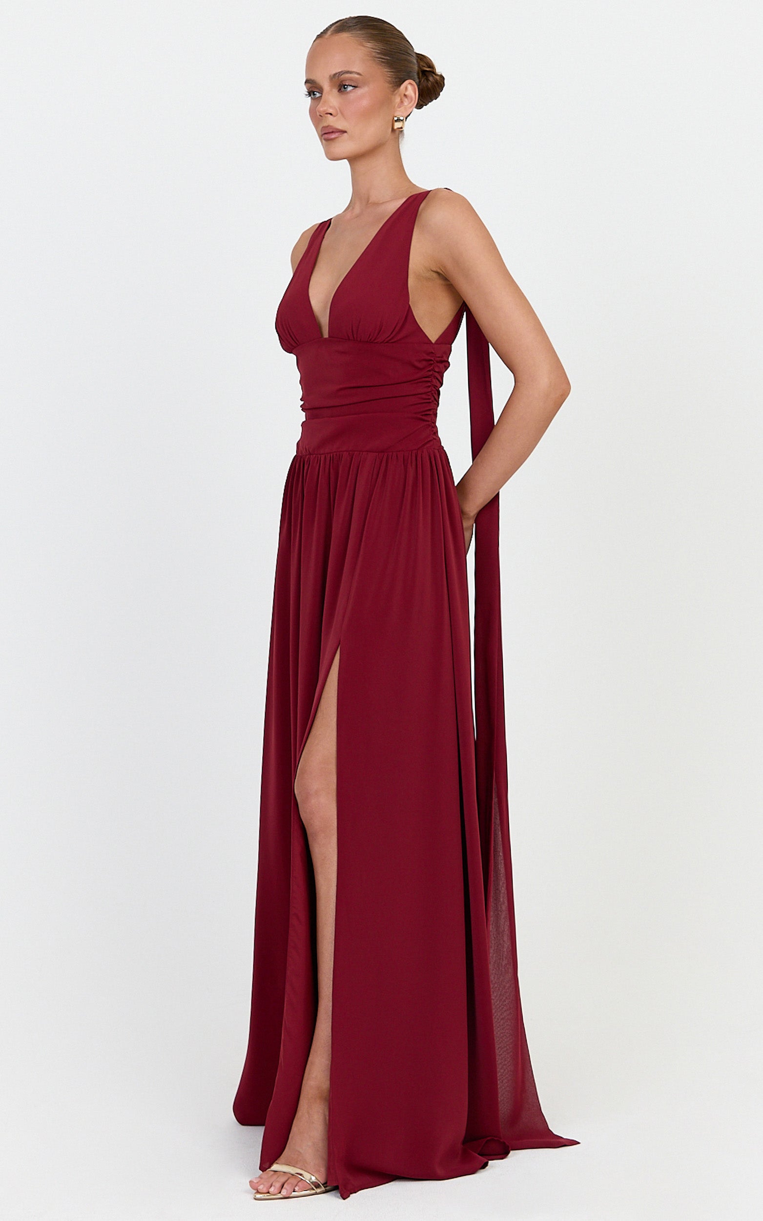 Tatiana Maxi Dress - Plunge Neckline Fit And Flare Dress in Wine - View 5