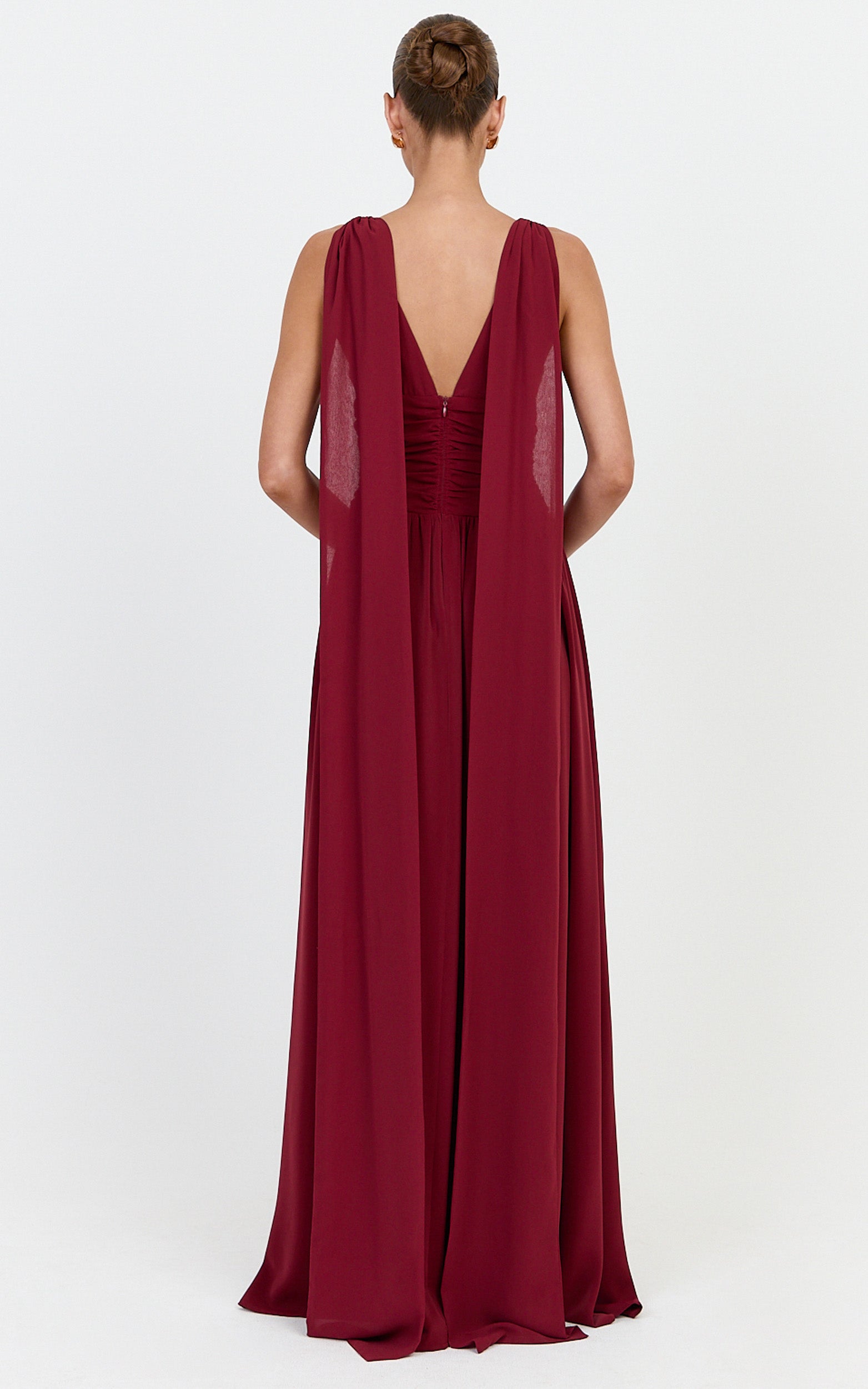 Tatiana Maxi Dress - Plunge Neckline Fit And Flare Dress in Wine - View 2