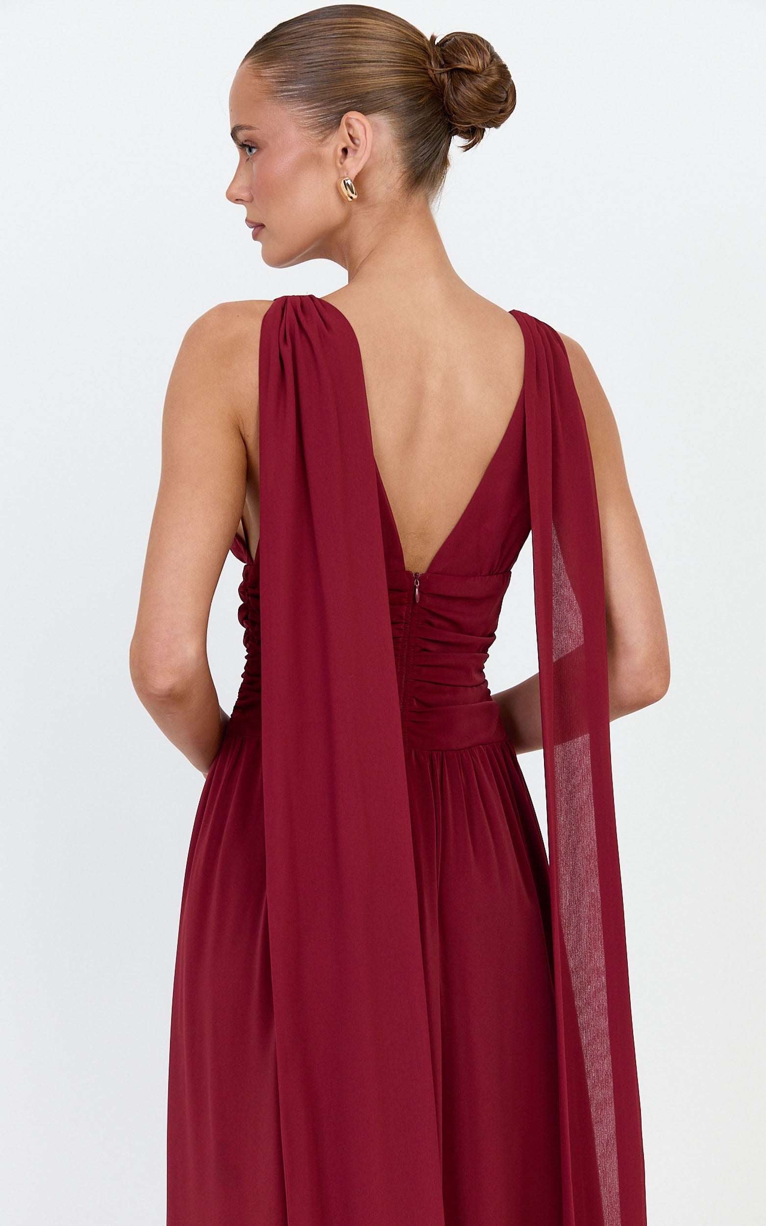 Tatiana Maxi Dress - Plunge Neckline Fit And Flare Dress in Wine - View 6